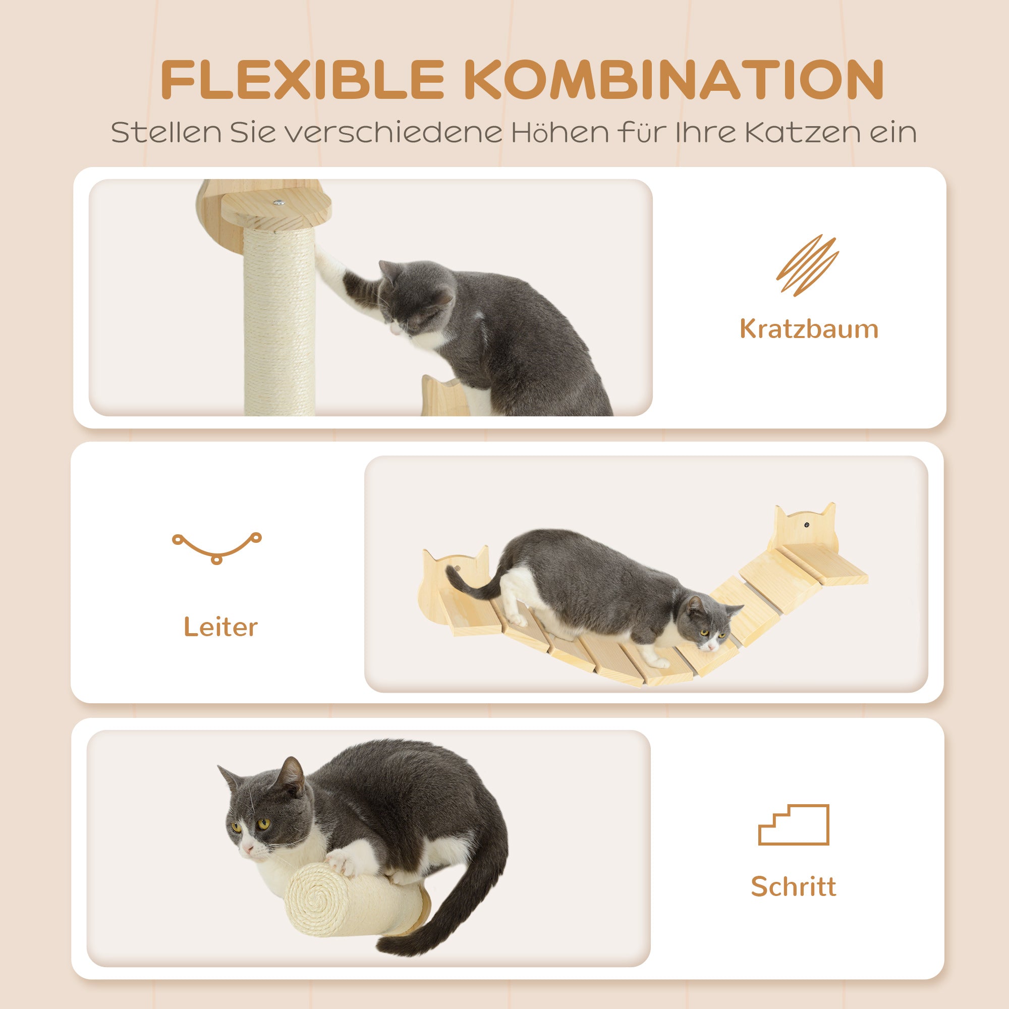 PawHut 3-teiliges Katzenkletter-Set, wandmontierter Katzenbaum mit Kratzpfosten, Stufe, Leiter, Naturholz