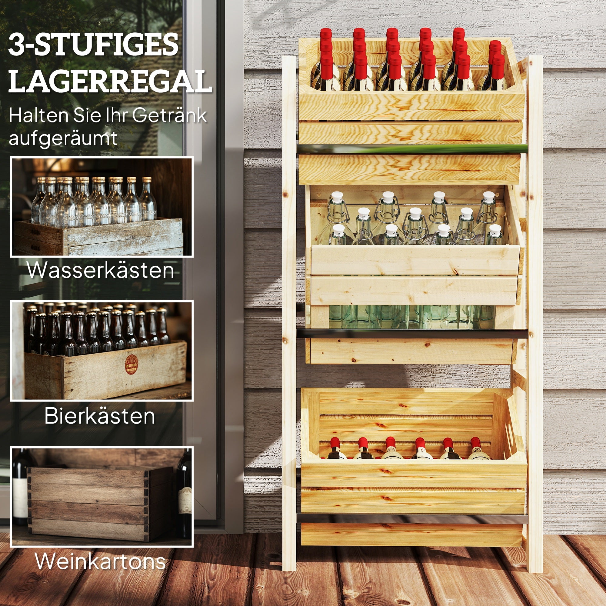 Outsunny Getränkekistenregal für 3 Getränkekisten Getränkeregal Holz Kistenregal mit 3 Ebenen 56 x 32 x 112 cm Naturholz