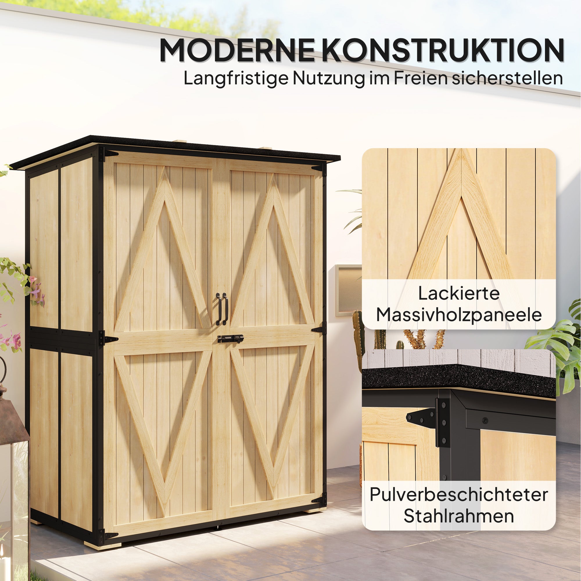 Outsunny Gartenschrank aus Holz und Stahl, Outdoor-Werkzeugschrank mit Asphalt-Dach, 2 Regale, verschließbare Türen, Naturholz