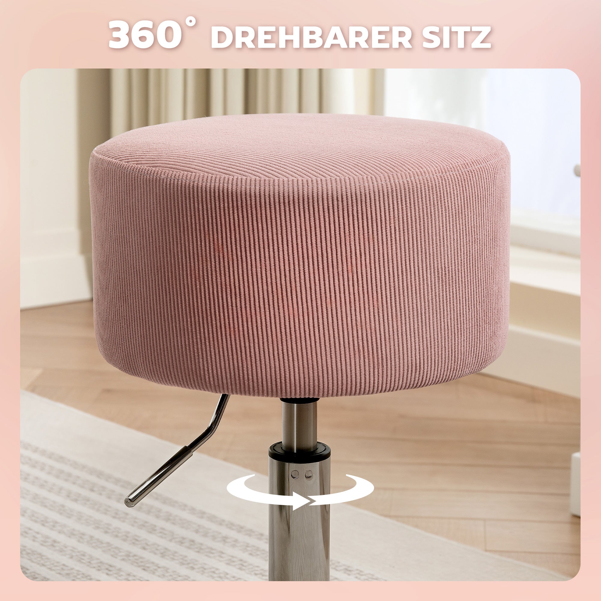 HOMCOM Barhocker, Gepolstert Barstuhl mit Metallgestell, Cordoptik, Höhenverstellbar 360° Drehbar Rosa
