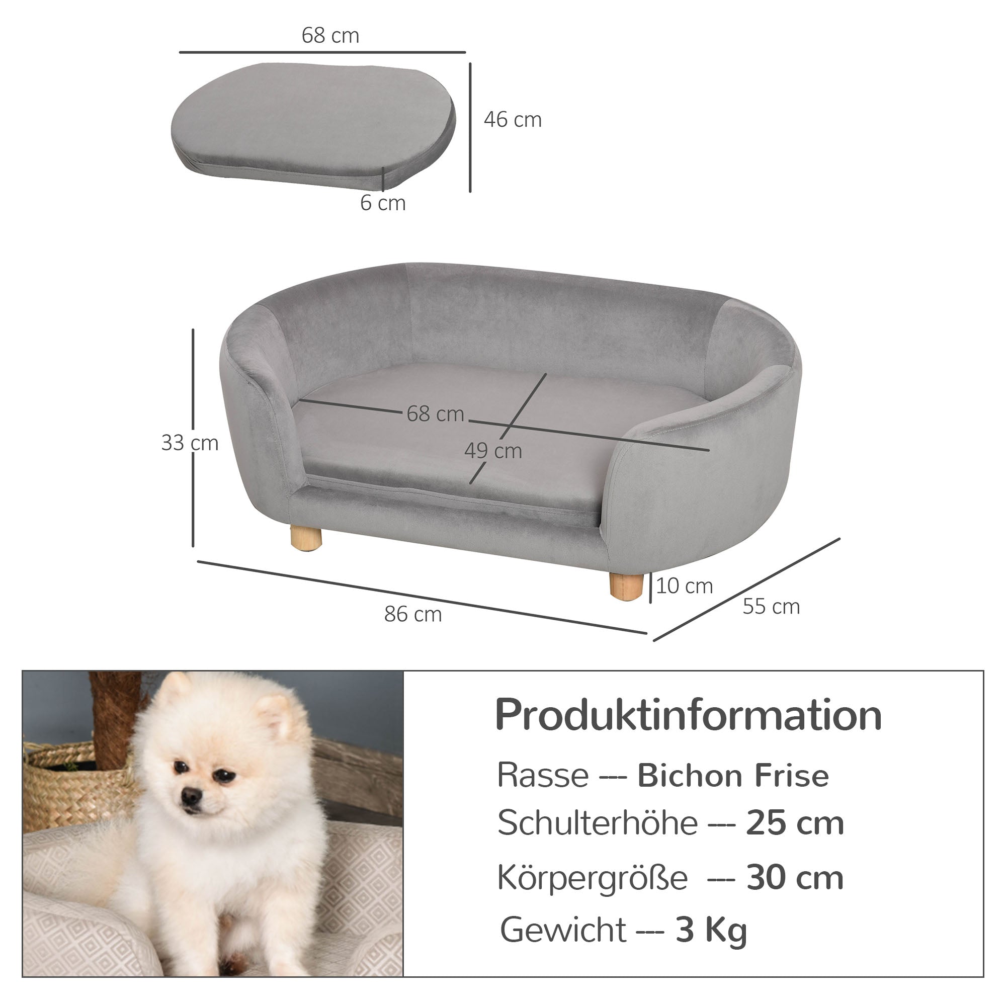 PawHut Haustiersofa Hundesofa Hundebett mit Holländischer Samt Schaumstoff Birke Bein für Katzen Hunde  86 x 55 x 33 cm Hellgrau