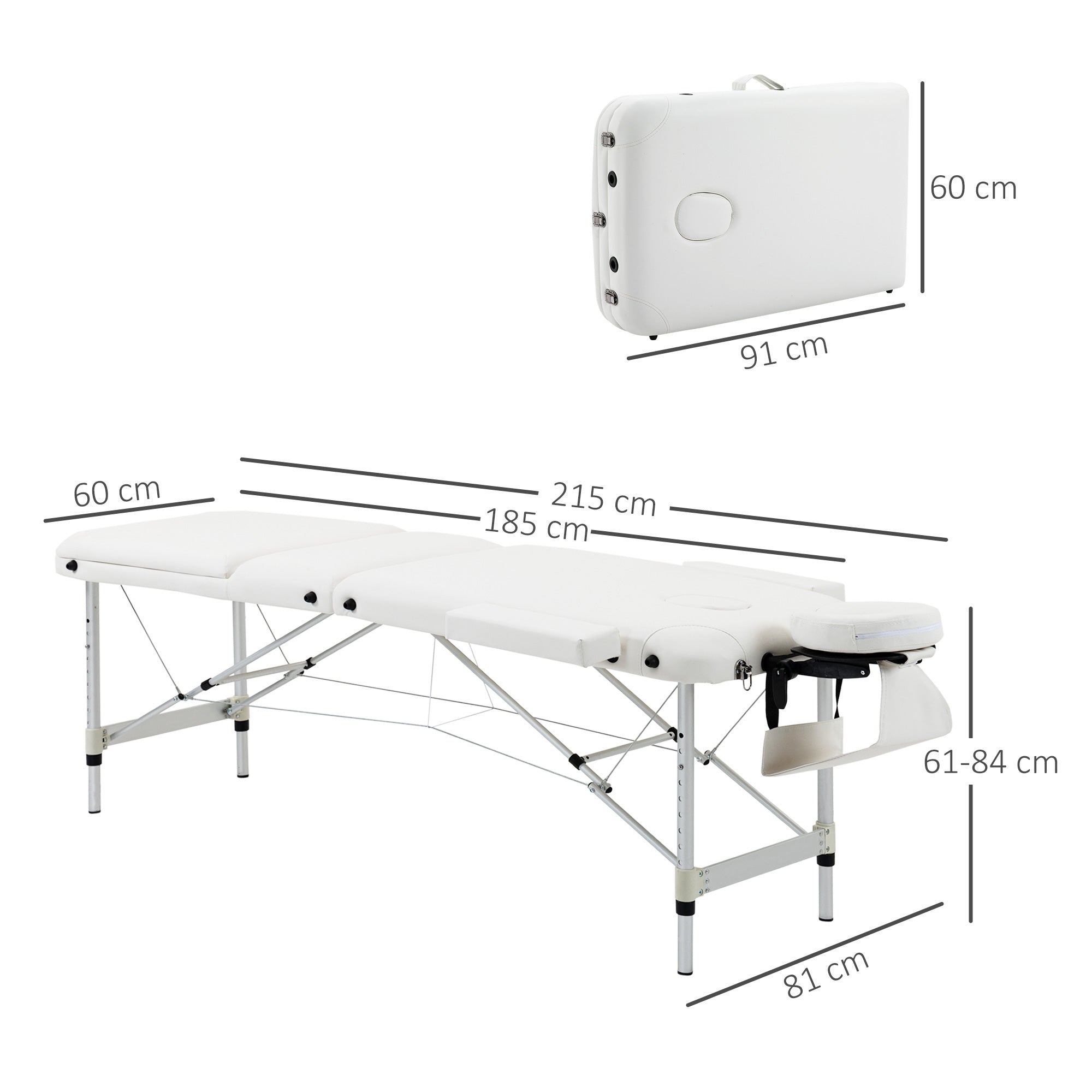 HOMCOM Massageliegen klappbar Kosmetikliegen höhenverstellbarer Massagetisch Massagebett Aluminium Schaumstoff Kunststoff Weiß 215 x 81 x 61-84 cm