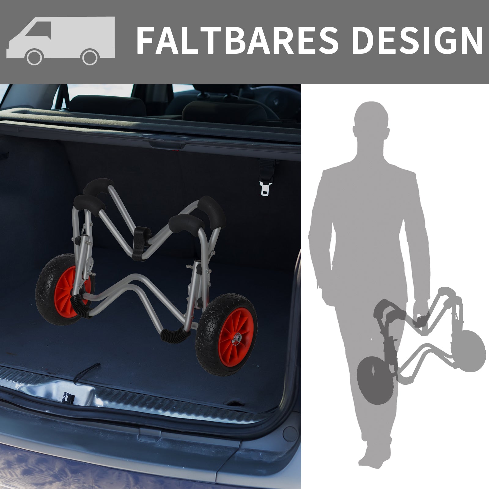 HOMCOM Kajakwagen Alu Bootswagen faltbare transportwagen Kunstleder-Reifen Silber 75 kg 75 x 43 x 46 cm
