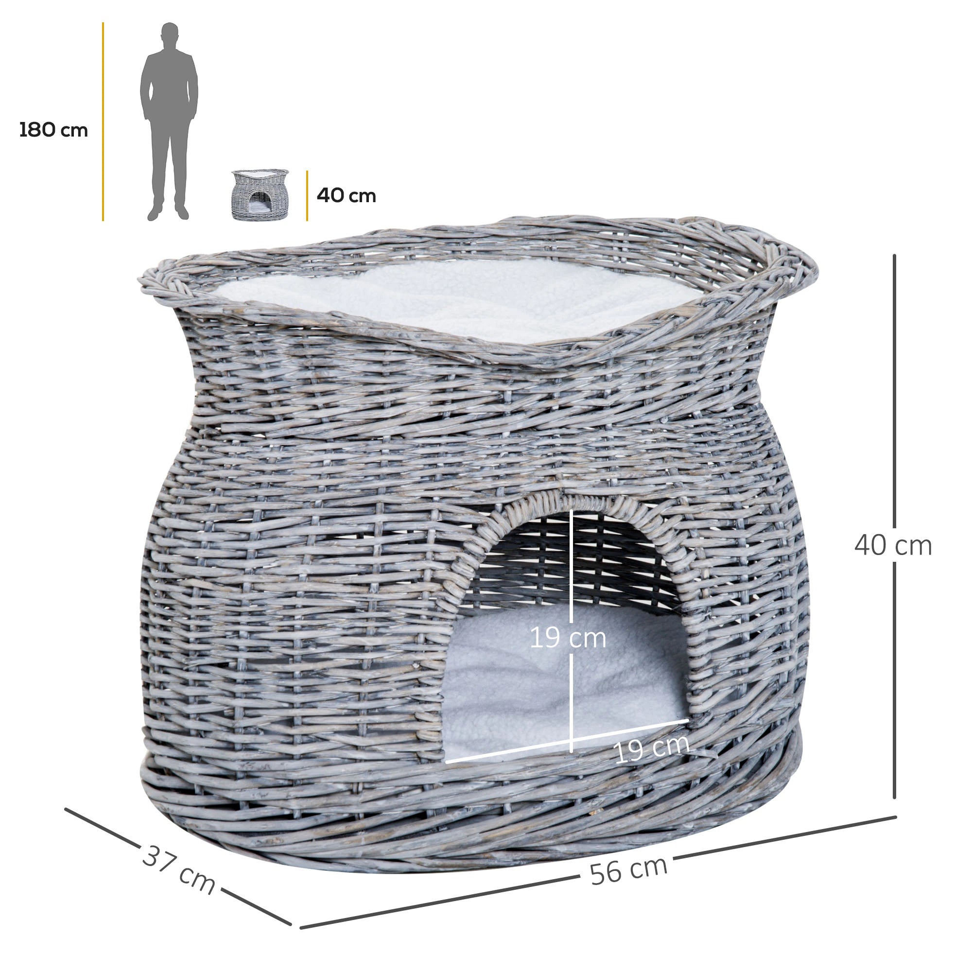 PawHut Rattan Weidenkorb für Katzen Katzenhütte mit 2 weichen Liegekissen Katzenkorb Haustierbett aus Wasserhyazinthe für Wohnzimmer Grau 56 x 37 x 40 cm