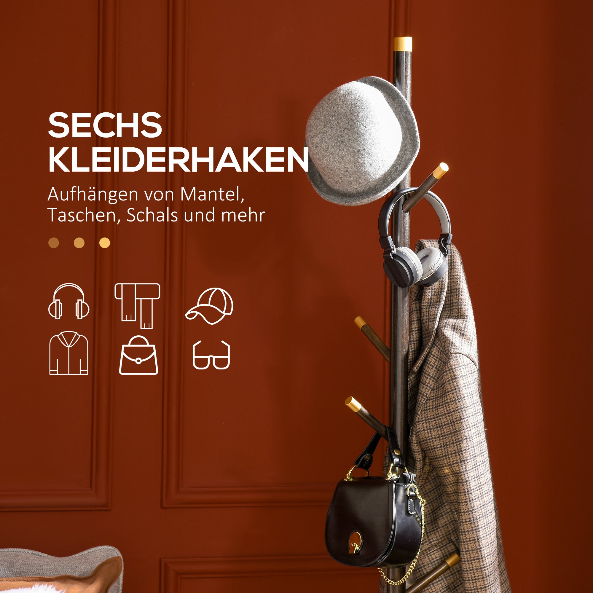 HOMCOM Garderobenständer, Kleiderständer, 6 Haken, Walnuss