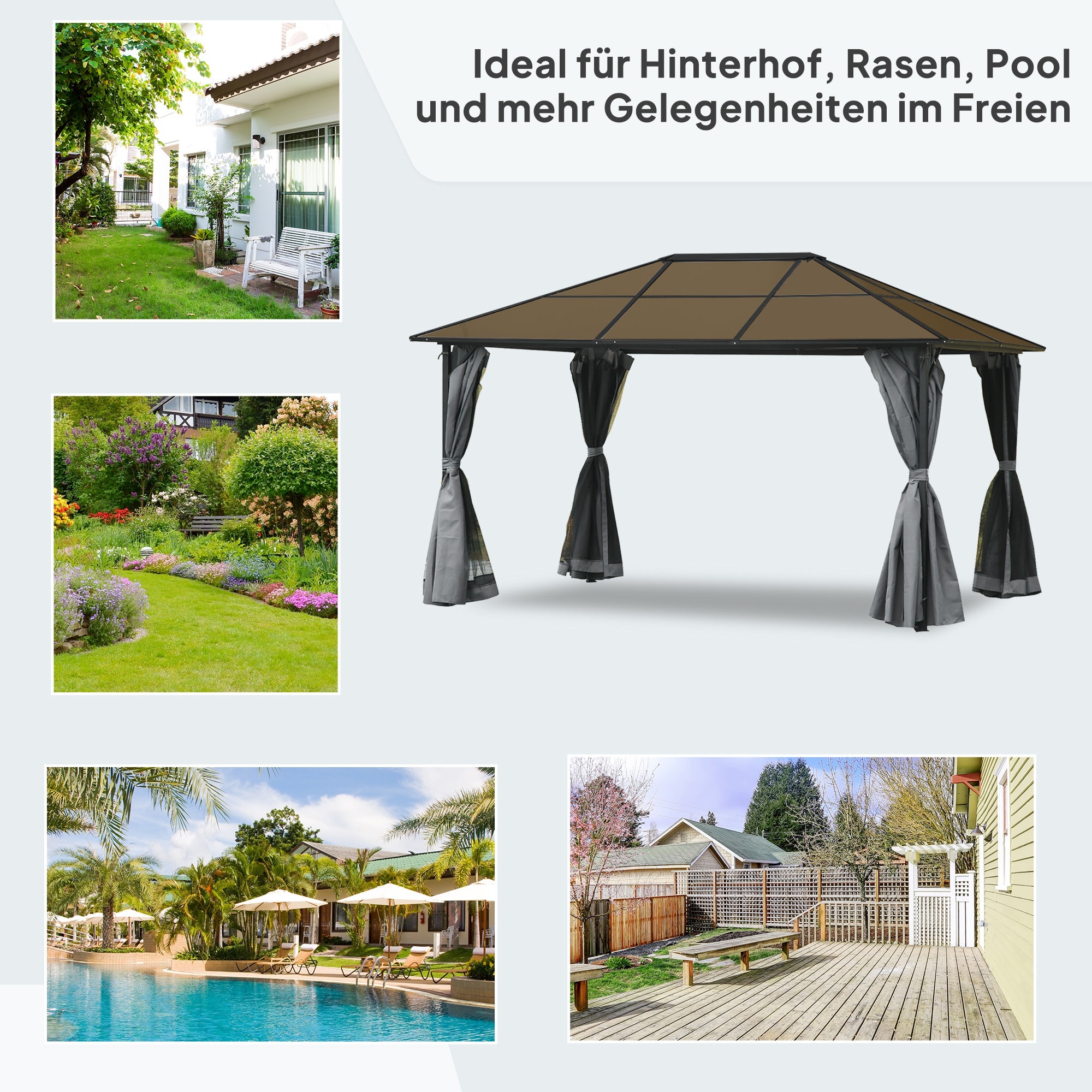 Outsunny Pavillon mit Polycarbonatdach, Vorhänge mit Fliegennetz, Alugestell, dunkelgrau, 3 x 4 x 2,6 m