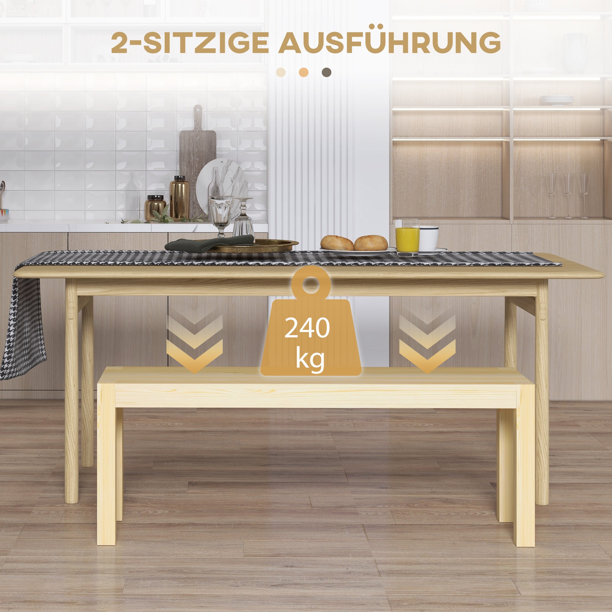 HOMCOM Sitzbank Holzbank Küchenbank, Massivholz, 3-Sitzerbank, 120 cm x 33 cm x 45 cm, Natur