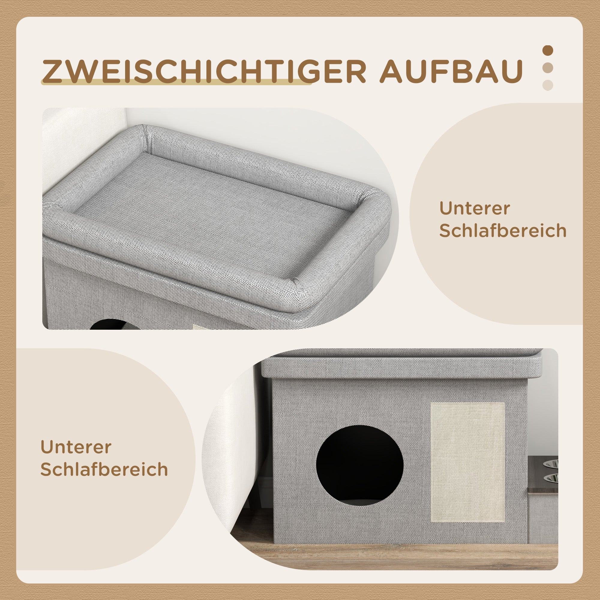 PawHut Katzenhaus, Futterplatz mit 2 Edelstahlnäpfen, Kratzmatte, weiches Liegekissen, 78 x 48 x 49,5 cm, grau