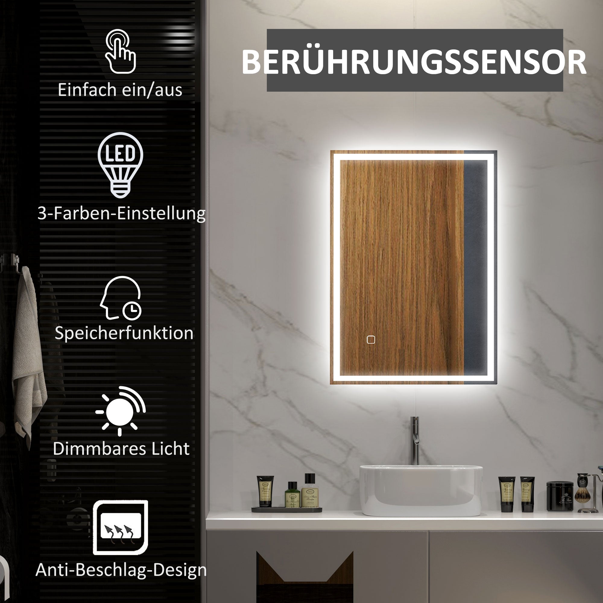 HOMCOM Badspiegel Badezimmerspiegel Wandspiegel LED´s. Berührungsschalter, Weiß