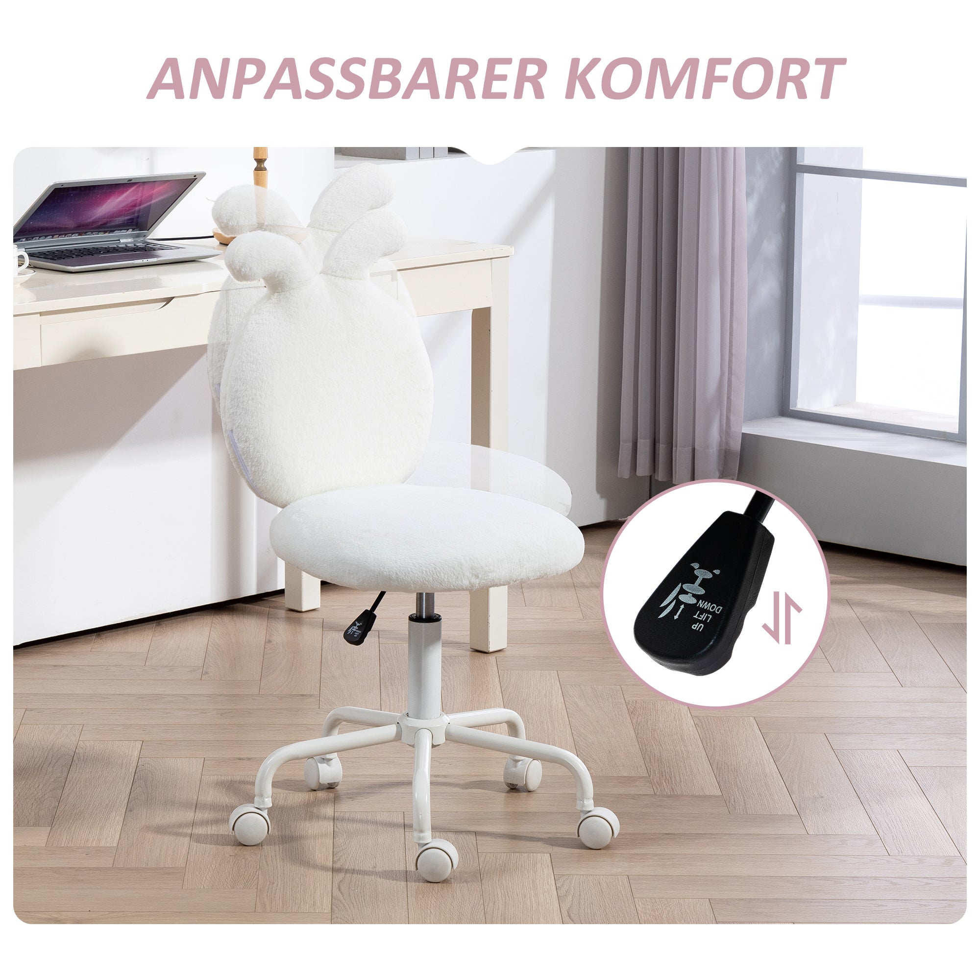 HOMCOM Polsterstuhl mit Hasenohren, Rollbarer Schreibtischstuhl, drehbar, Kunstfell, Weiß