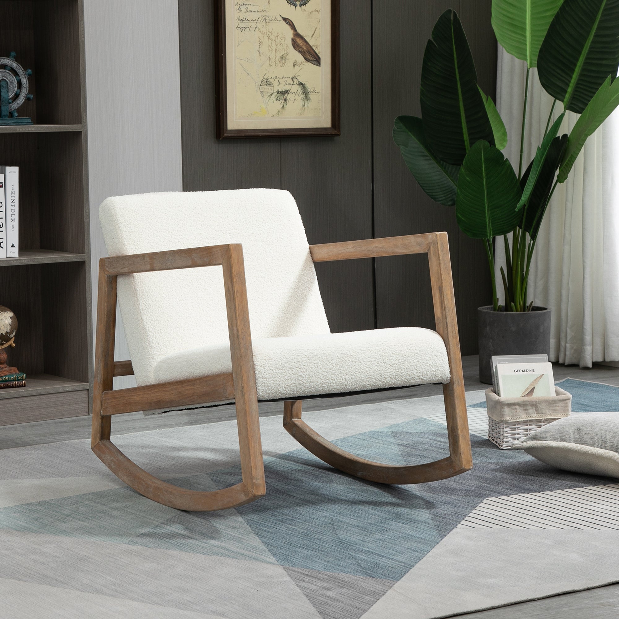 HOMCOM Schaukelstuhl mit Holzrahmen gepolstert Relax Stuhl Sessel Stuhl Wohnzimmersessel Lounge mit gepolsterter Sitzfläche Kautschukholz Cremeweiß 60 x 81 x 71 cm
