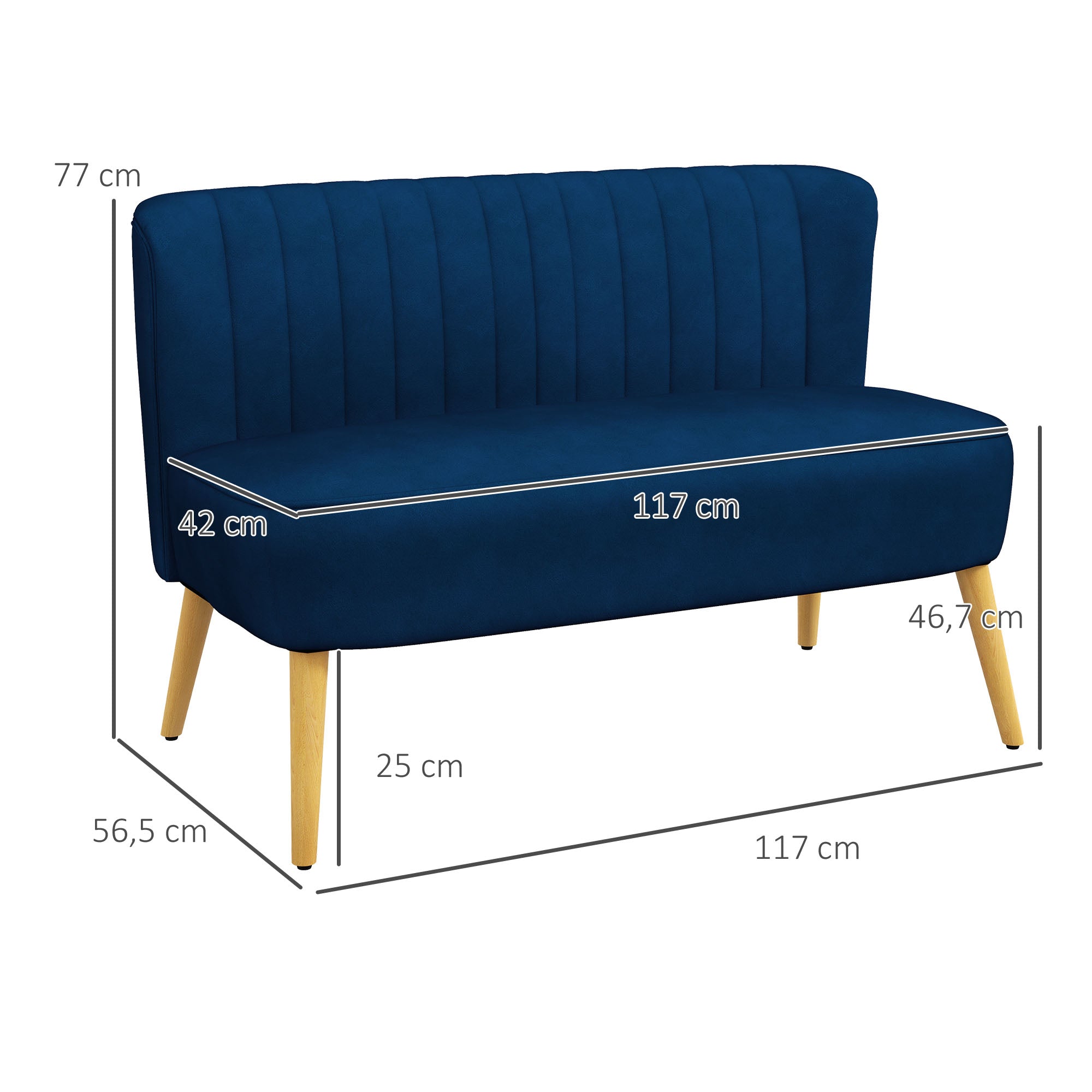 HOMCOM Sofa Retrodesign 2-Sitzer-Sofa, Holzbeine, 117 cm x 56,5 cm x 77 cm, Blau