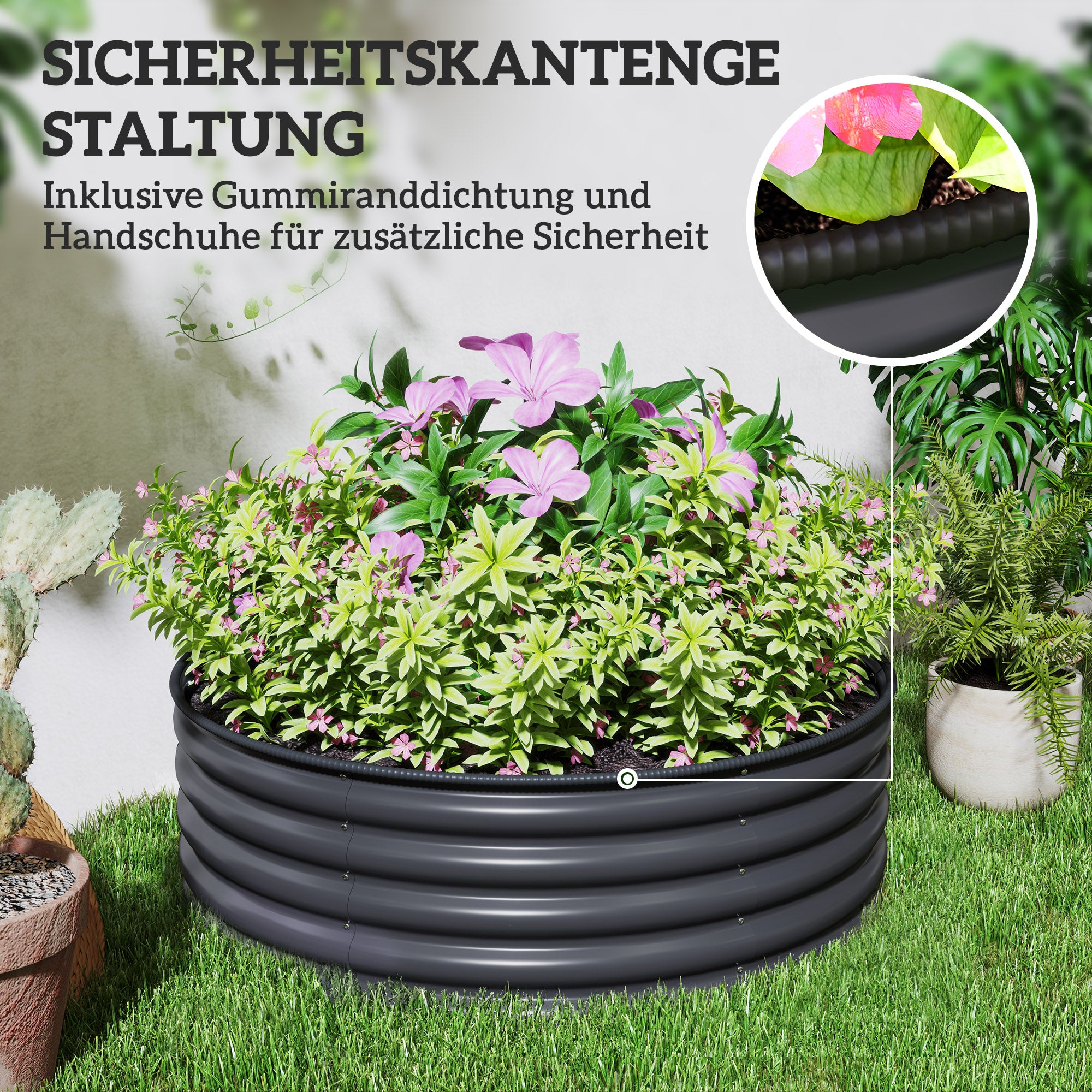 Outsunny Hochbeet, Verzinkter Pflanzkübel mit Sicherheitsrand, Pflanzbox mit offenem Boden, 120 x 120 x 43 cm, Dunkelgrau