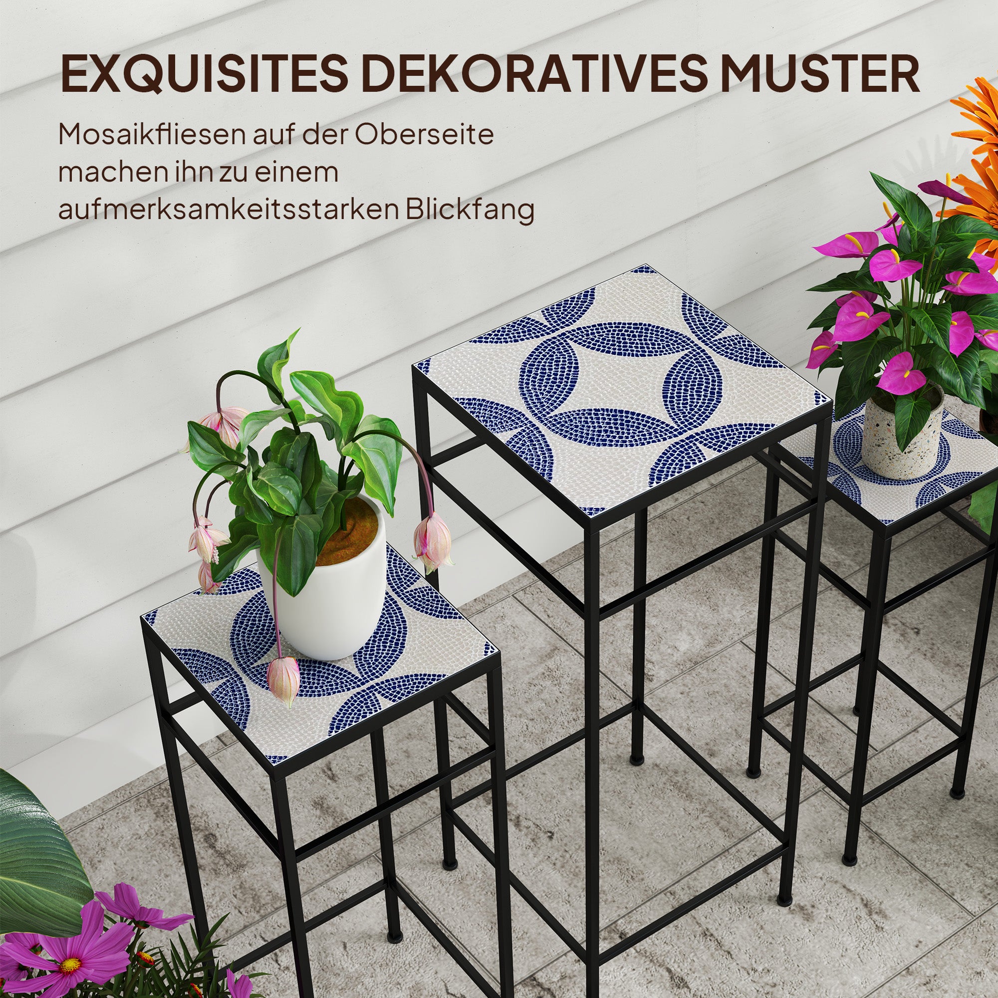 Outsunny 3er-Set Pflanzenständer, 3 verschieden große Gestelle zum Präsentieren von Blumen und anderen Gegenständen, Blau+Weiß