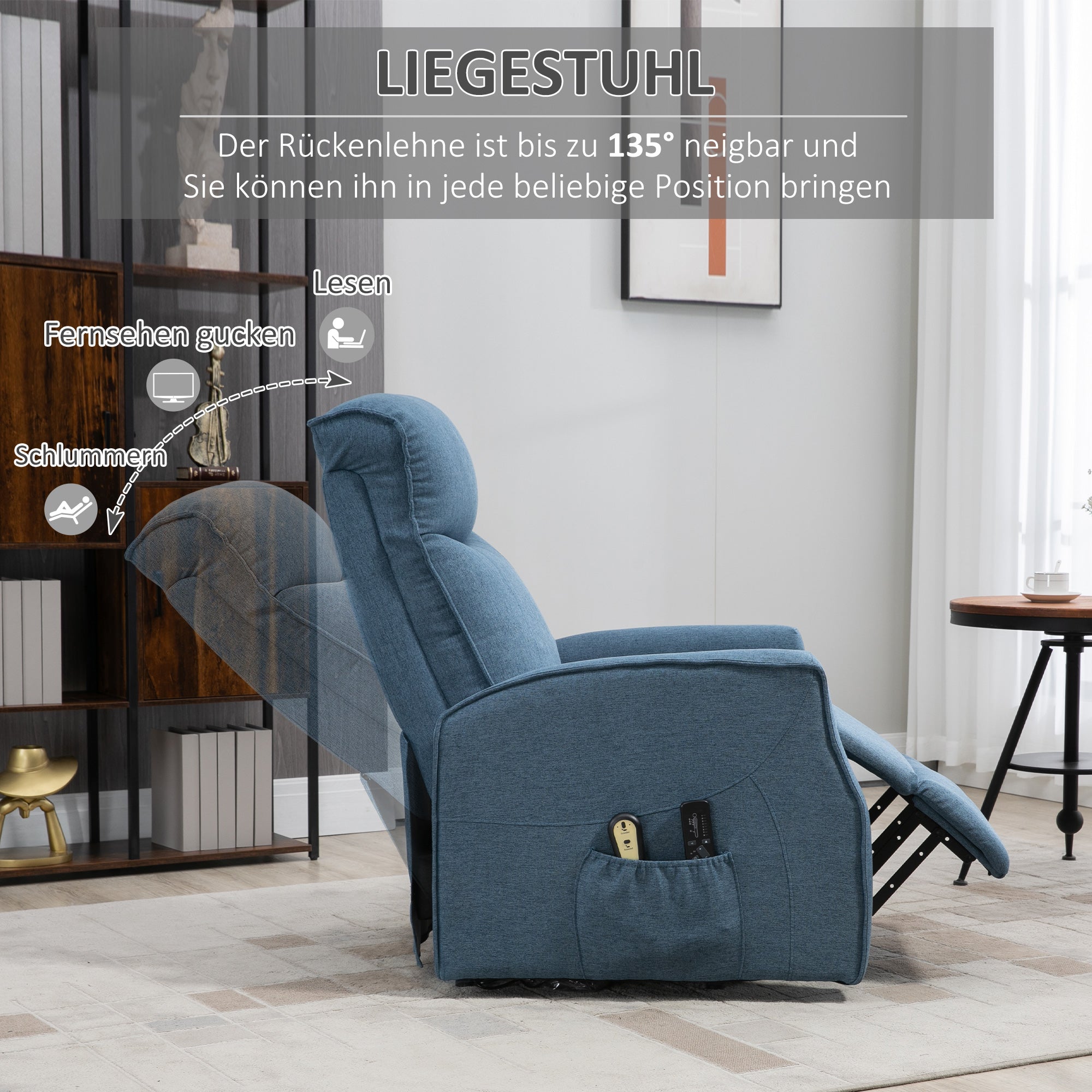 HOMCOM Massagesessel mit Aufstehhilfe, Relaxsessel, inkl. Fernbedienung, 1 Seitentasche, Fußstütze, Blau