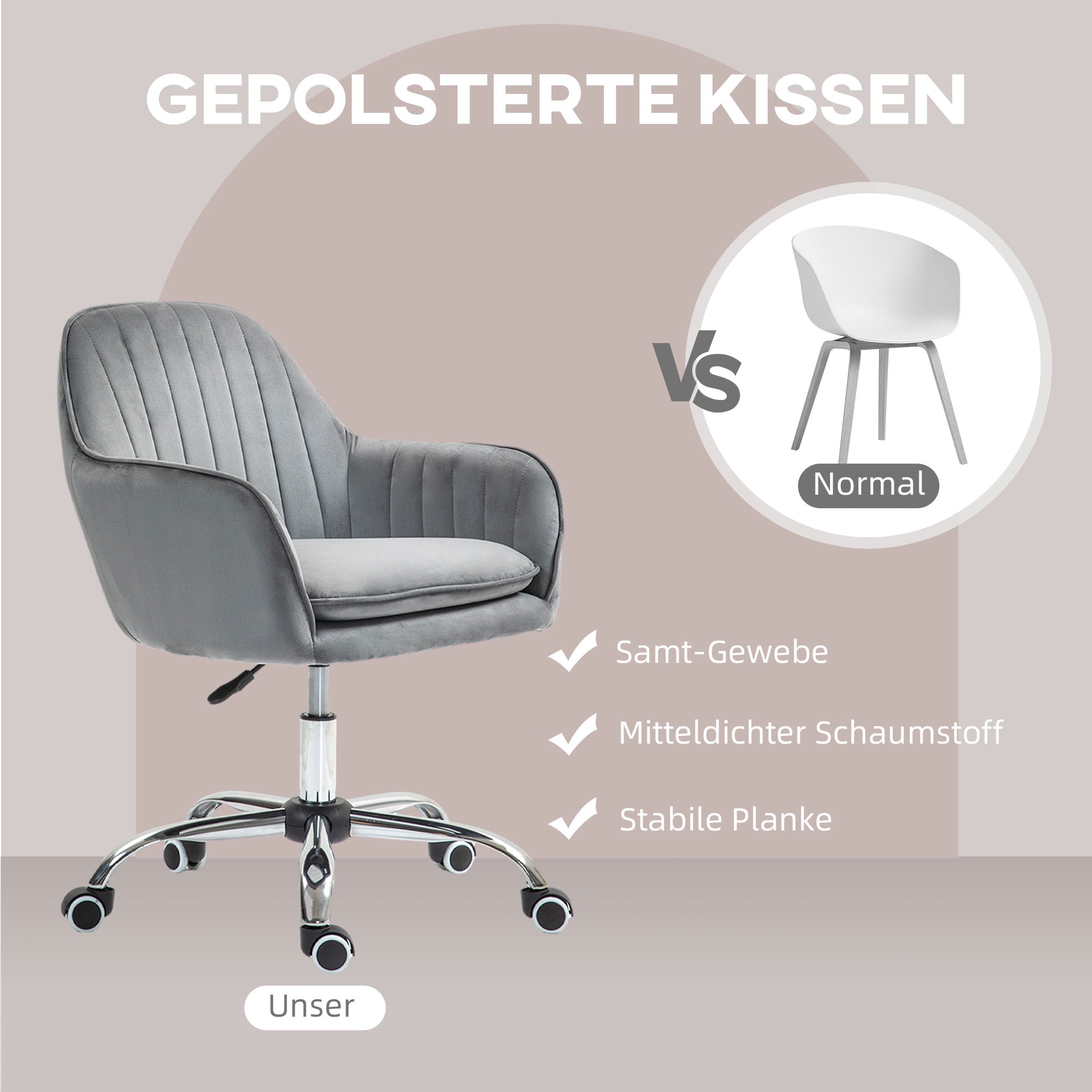 HOMCOM Schreibtischstuhl Höhenverstellbarer Bürostuhl Drehbar Homeoffice Stuhl mit Rücken- und Armlehne Grau
