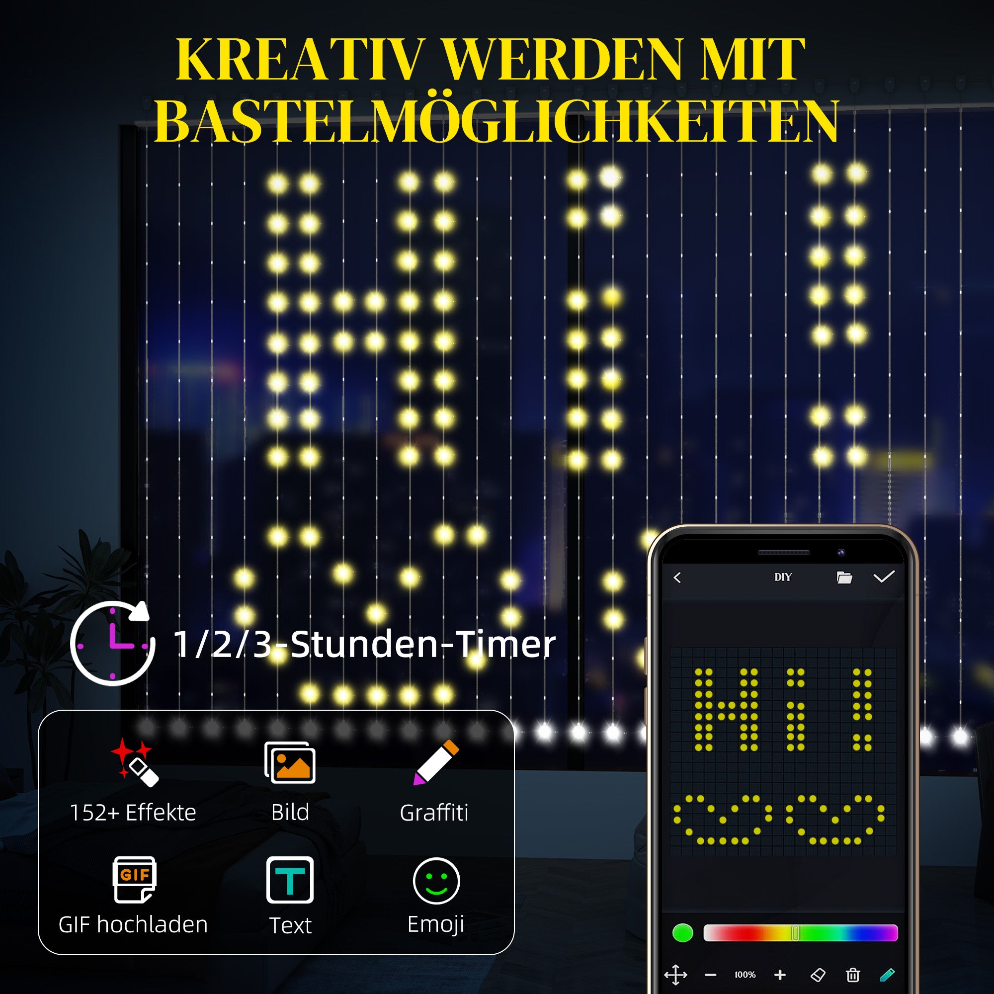 HOMCOM Vorhang mit 400 LED-Lichtern, Dynamische Lichterketten mit Musiksynchronisation für Schlafzimmer, Wohnzimmer, 3 x 3 m