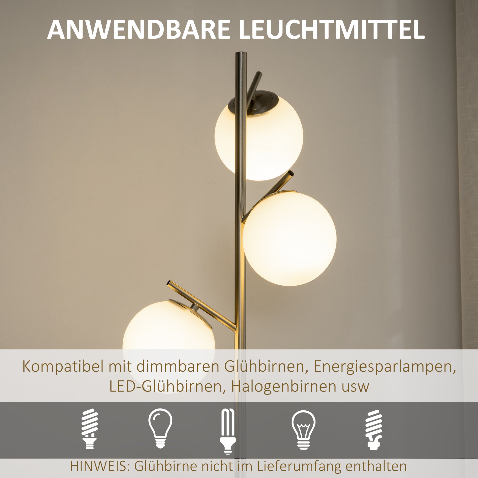 HOMCOM Stehlampe mit 3 Lampenschirmen aus Glas, E 27, Fußschalter, Silber + Weiß