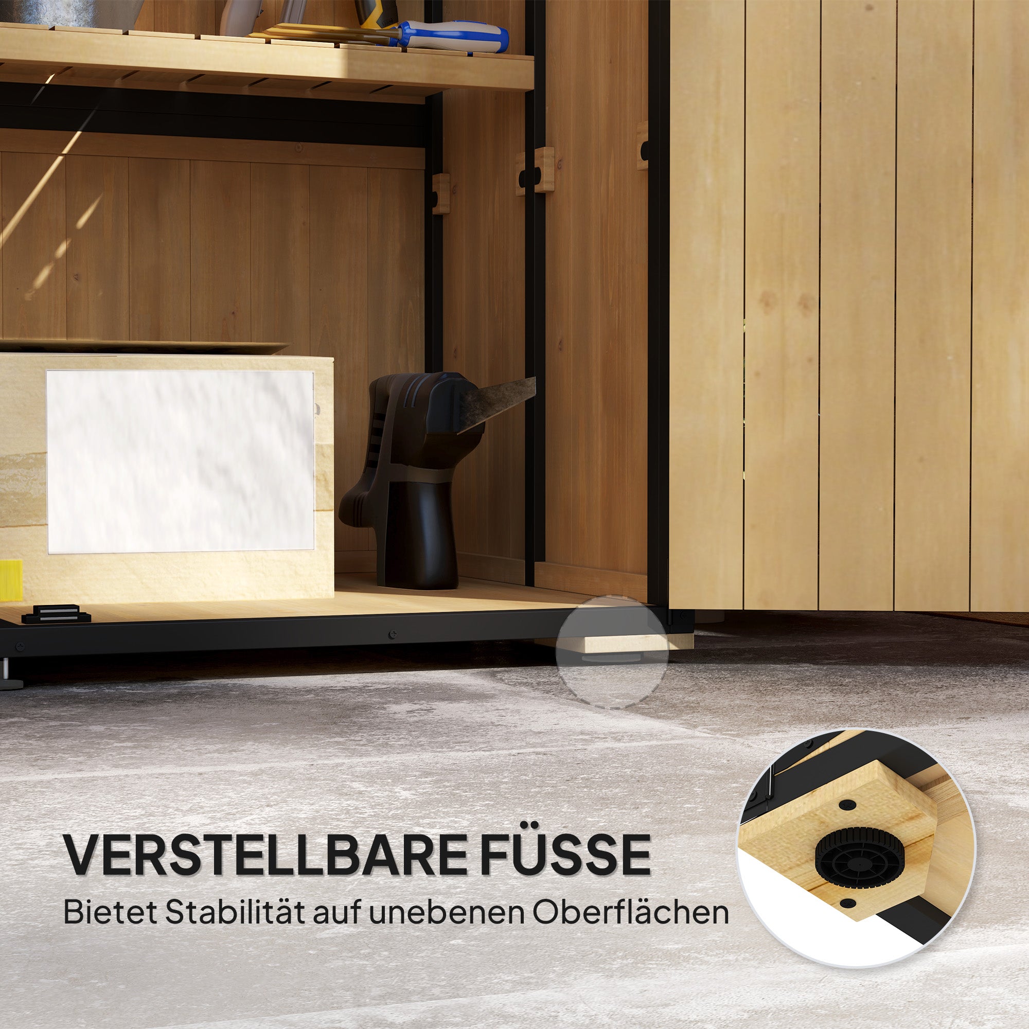 Outsunny Gartenschrank aus Holz und Stahl, Outdoor-Werkzeugschrank mit Asphalt-Dach, 2 Regale, verschließbare Türen, Naturholz