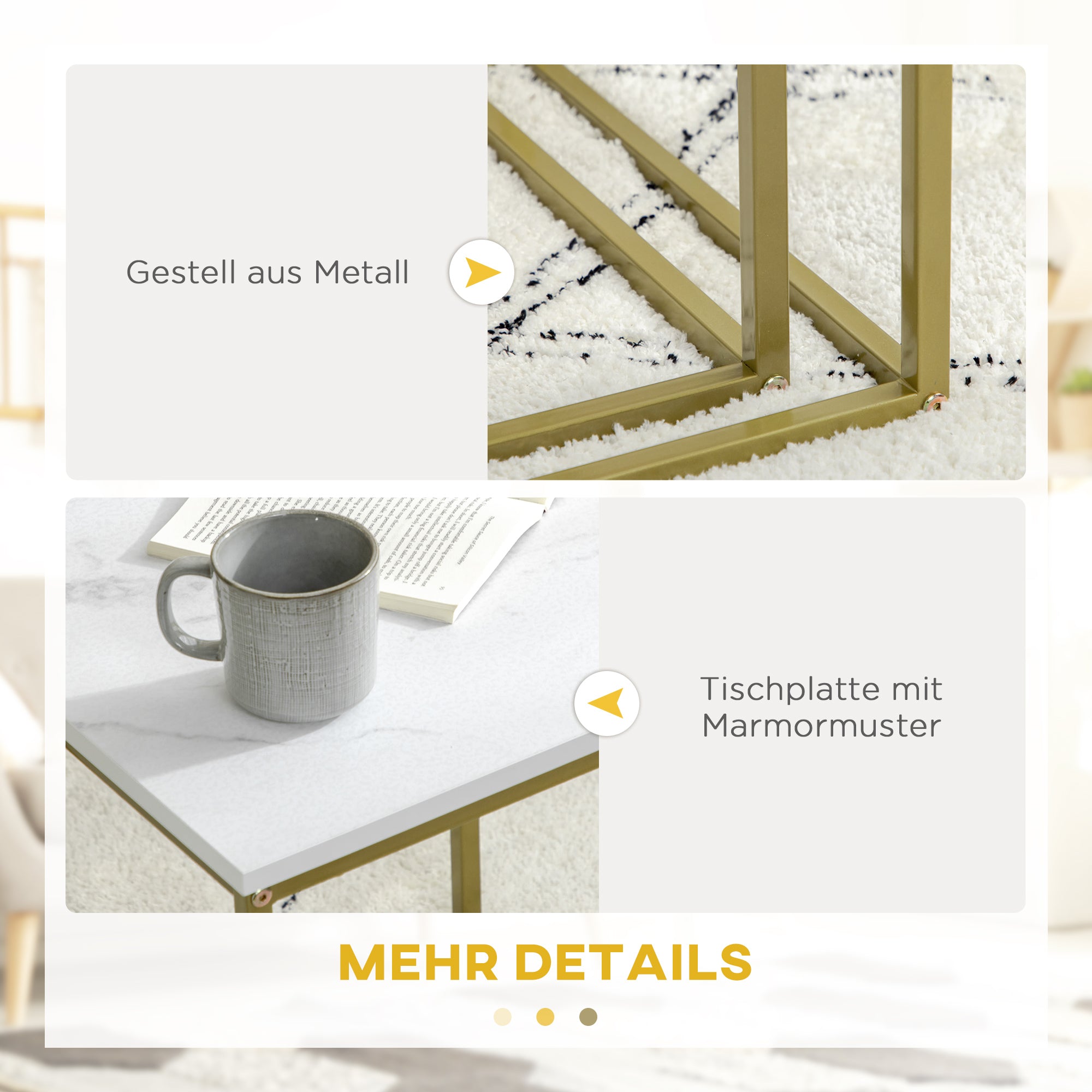 HOMCOM 2er-Set Beistelltische, stapelbare Beistelltische, Tischplatte in Marmoroptik, Gold + Weiß
