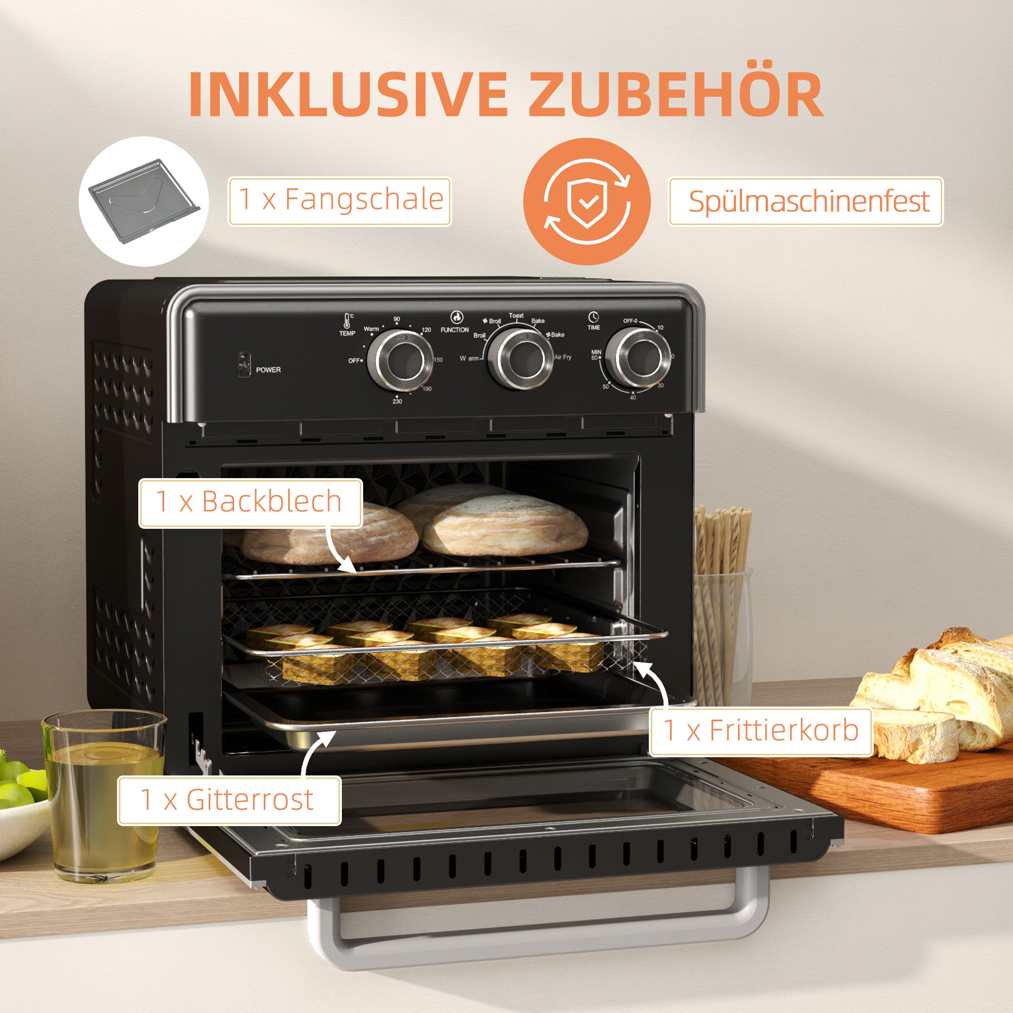 HOMCOM Minibackofen, 20L, 5 Funktionen, 360° Heißluft, Grillrost, Krümelblech, Schwarz