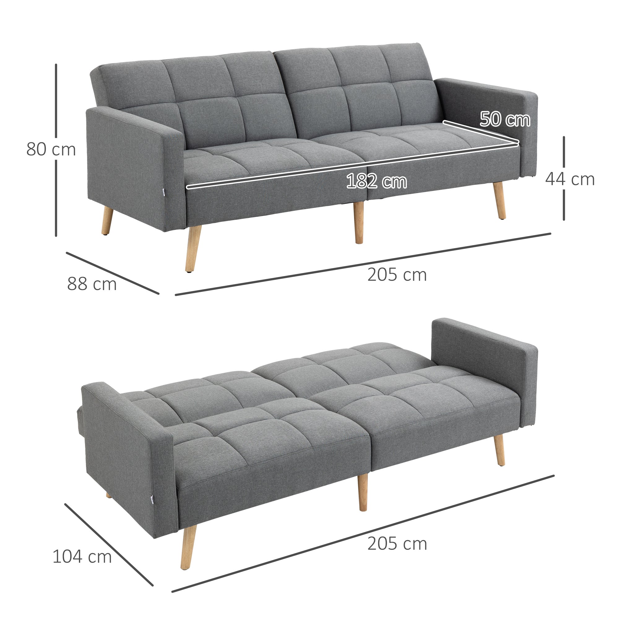 HOMCOM 2 in 1 Schlafsofa 205 x 88 cm Sofa mit Bettfunktion, Couch mit Sitzkissen, Leinenoptik Grau