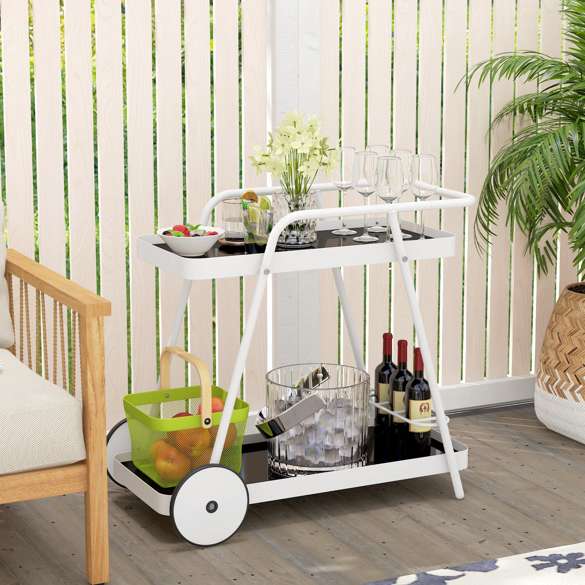 Outsunny Outdoor Servierwagen 2-stöckig mit Weinregal mit Rollen