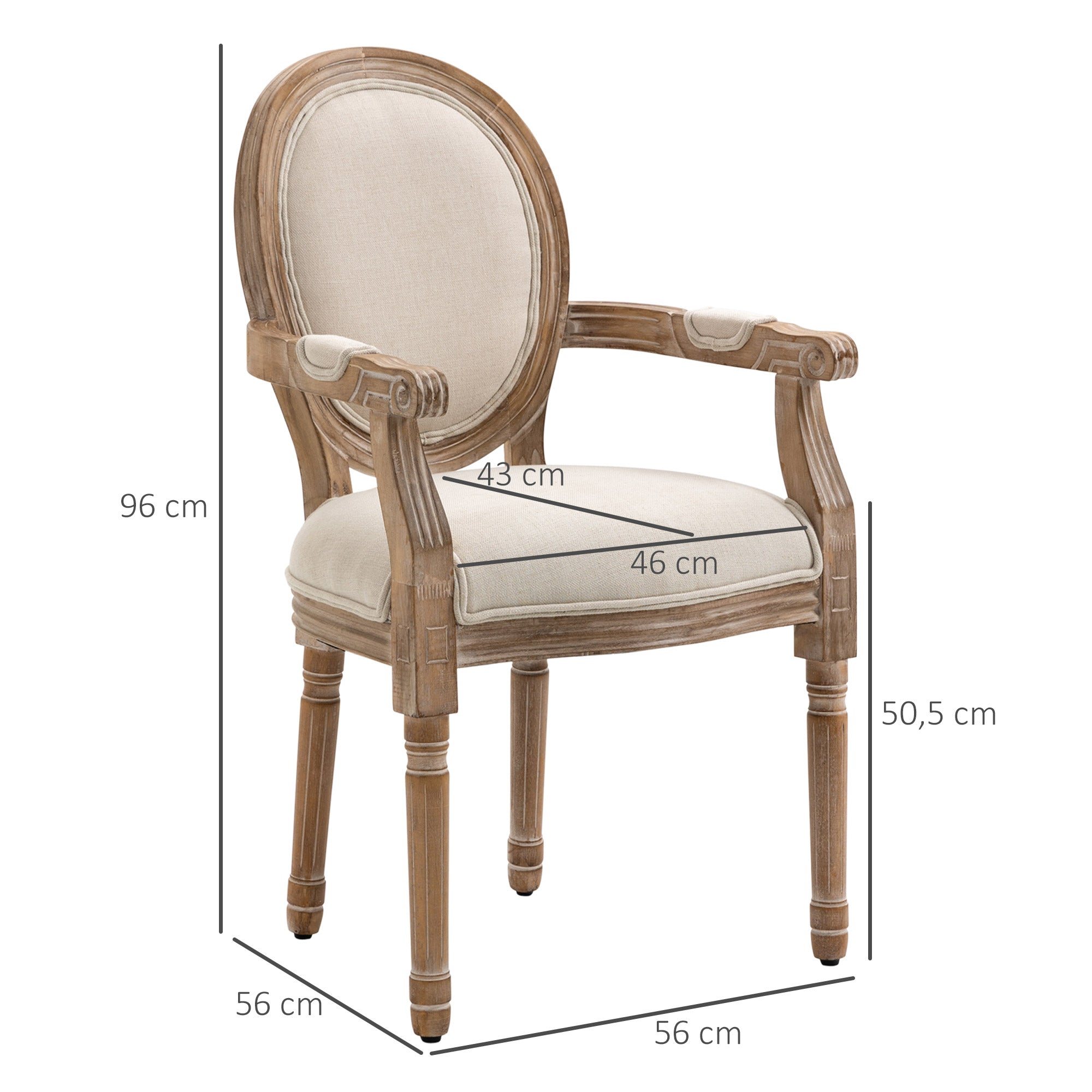 HOMCOM Küchenstuhl im Antik-Design, atmungsaktiver Bezug, Leinenoptik, Massivholzrahmen, 56 x 54 x 96cm, cremeweiß