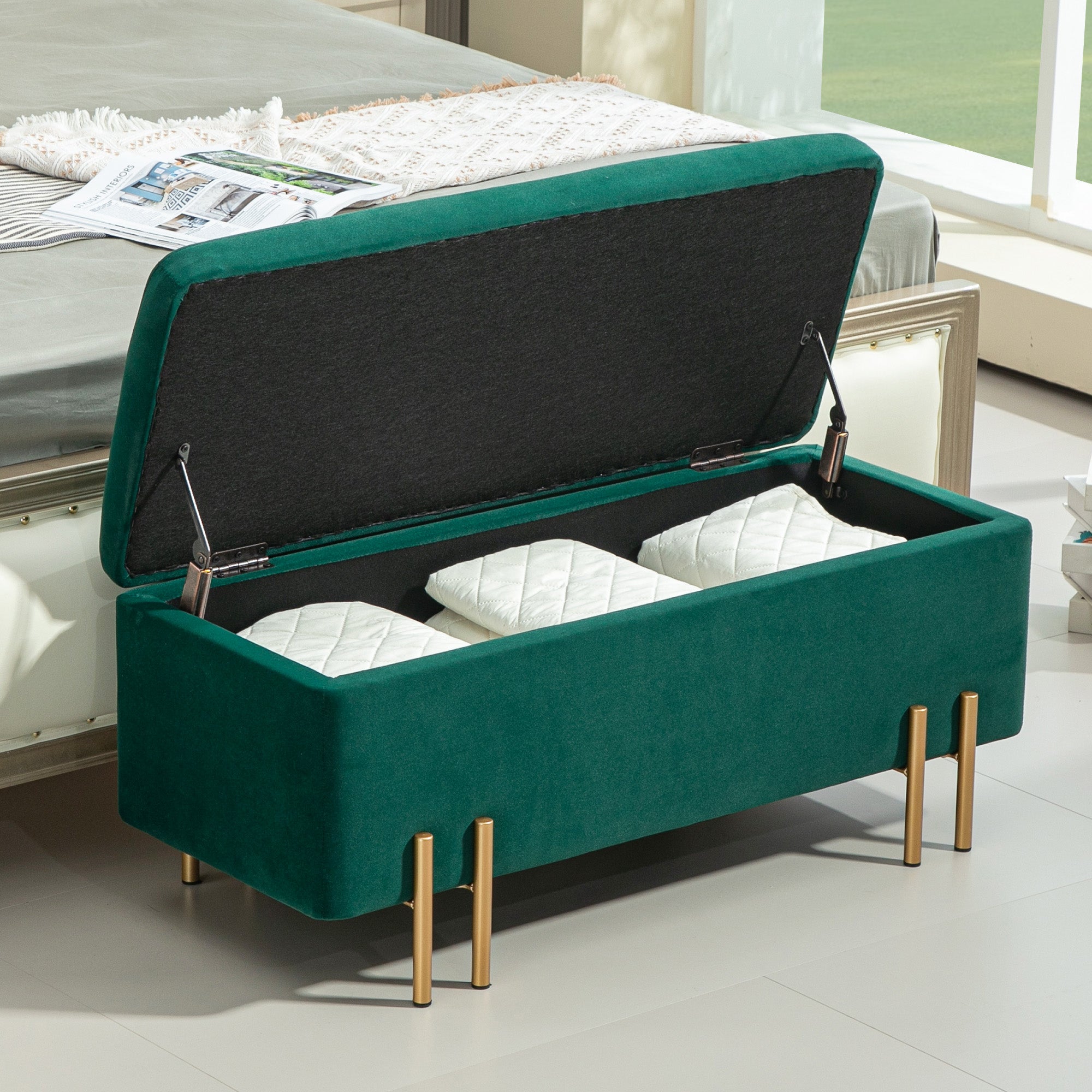 HOMCOM Sitzbank, Polsterbank mit Stauraum, Metall, Kautschukholz, Schaumstoff, 100 x 40 x 42 cm, Grün