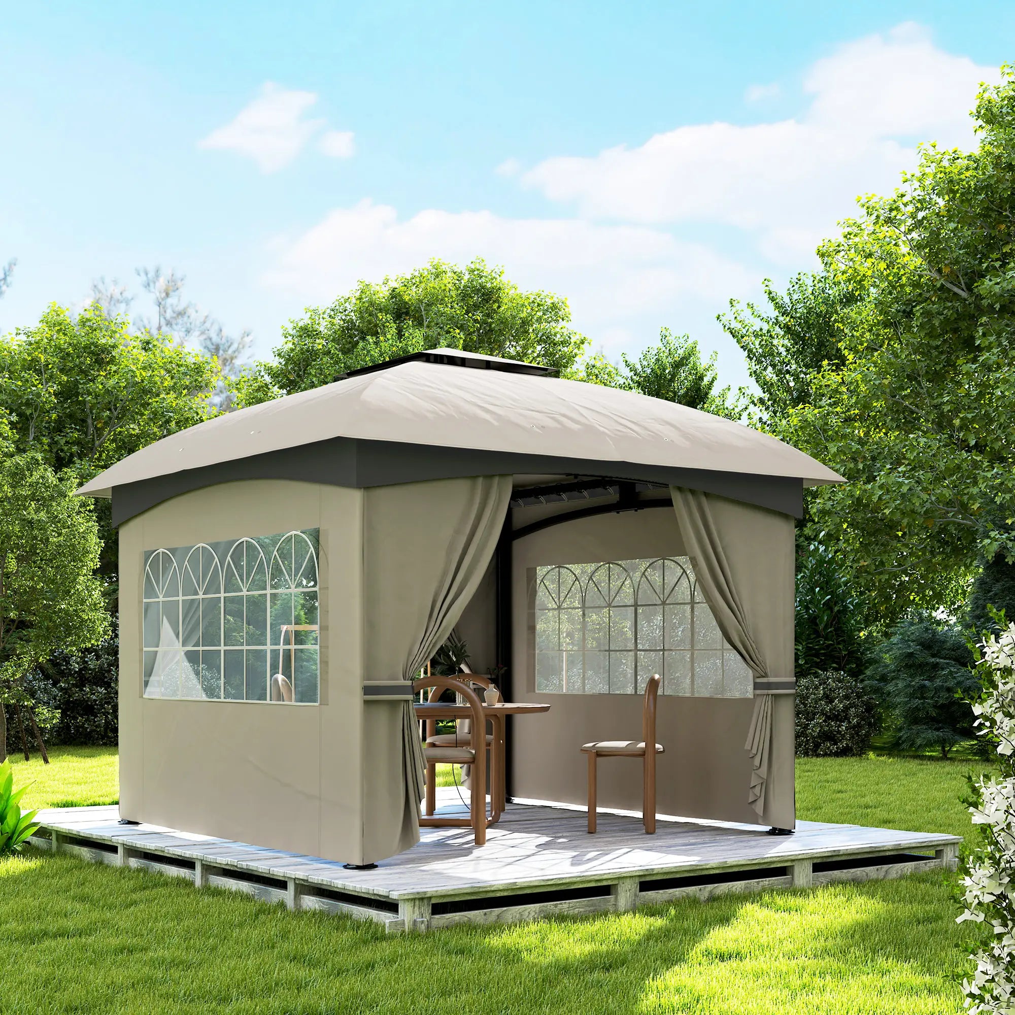 Outsunny 3,4 x 3,4 m Gartenpavillon, Bierzelt mit Lüftungsdach, Bogenfenstern, Stahlgestell, Hellgrau