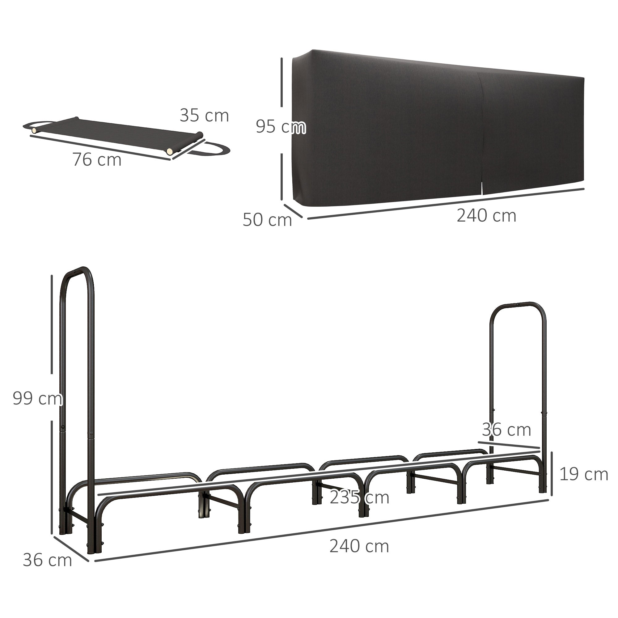Outsunny Feuerholzgestell, 0,67 m³, mit Tragetasche & Abdeckung, Metallrahmen, bis 200 kg, 240 x 36 x 99 cm, Schwarz