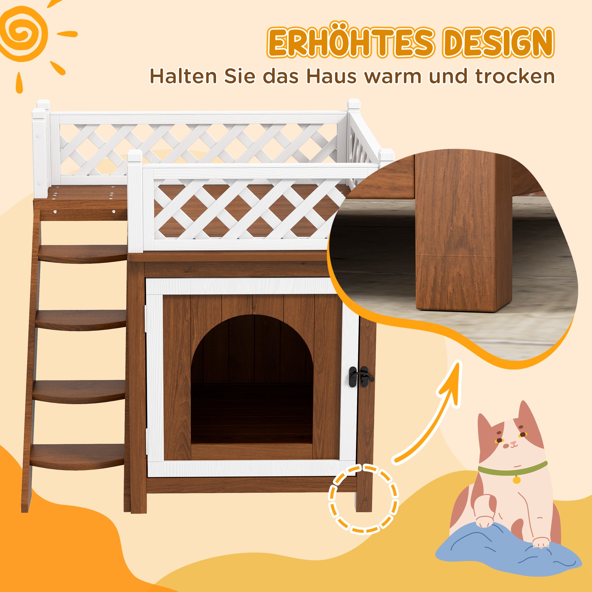 PawHut Katzenhaus, zweistöckig, mit Balkon und Treppe, für drinnen und draußen, für Katzen und Kaninchen, Tannenholz, Braun