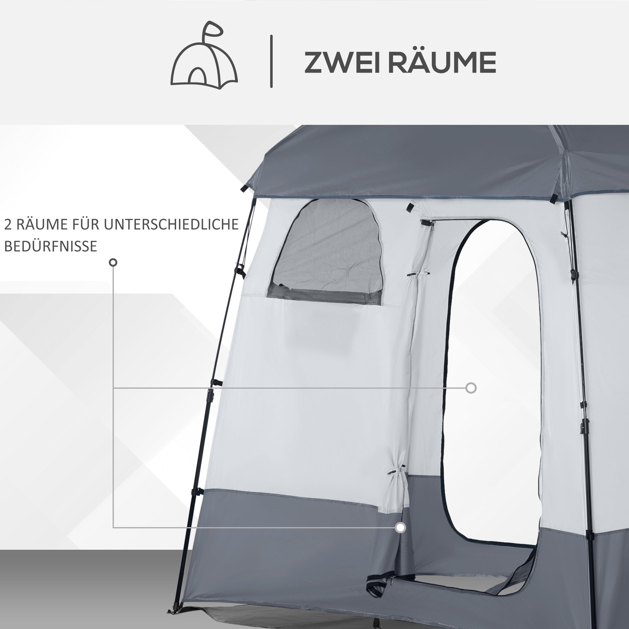 Outsunny Duschzelt für 2 Personen Toilettenzelt mit Transporttasche 3 Türen 2 Fenster Camping Umkleidezelt Umkleidekabine Lagerzelt Hellgrau+Grau