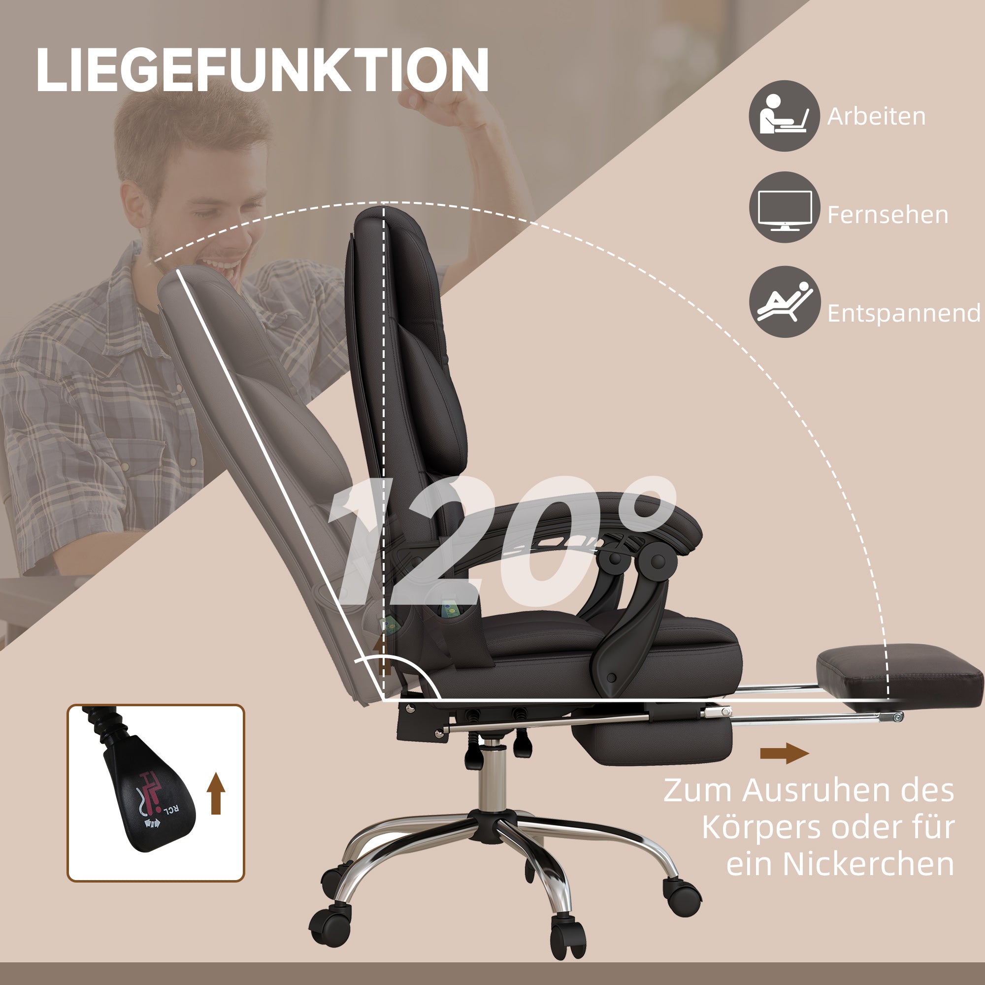 Vinsetto Bürostuhl mit Massagefunktion, ergonomisch, liegefähig, 63x57x118, Braun