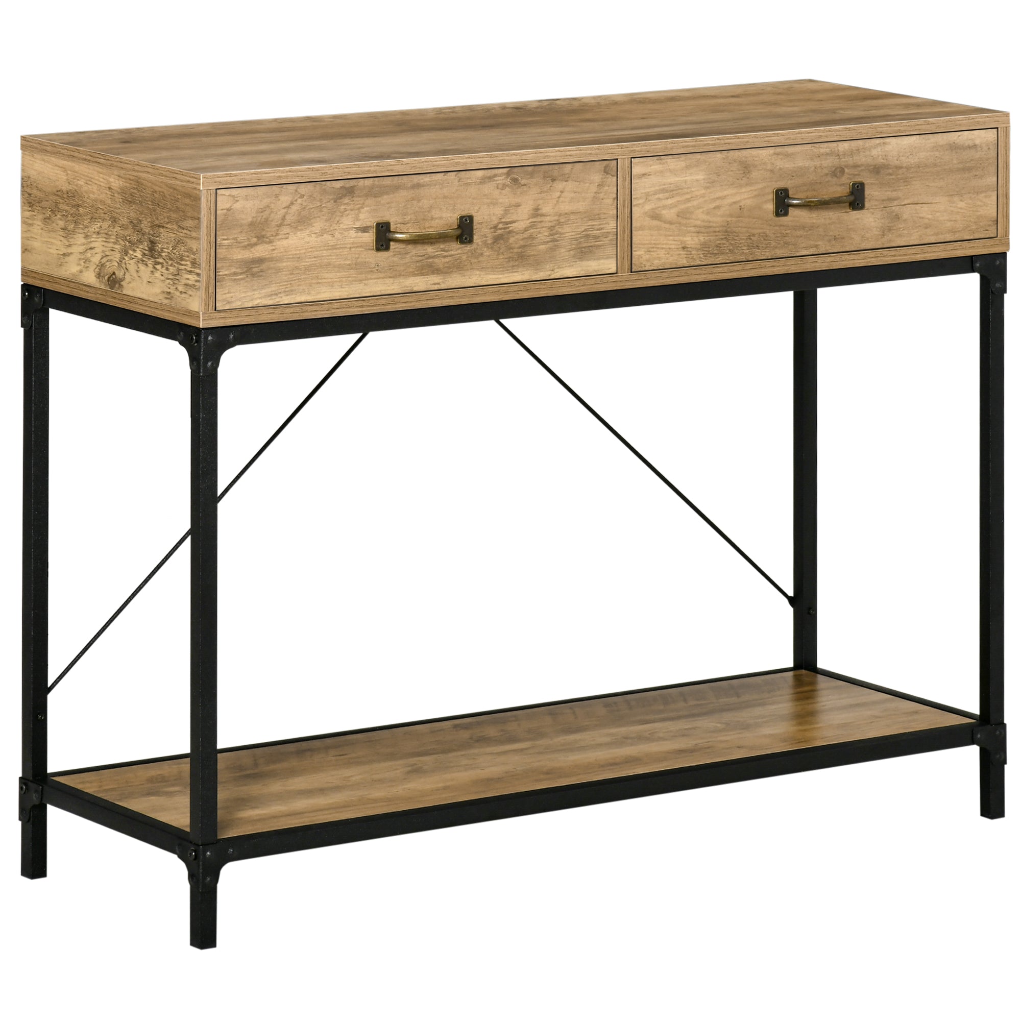 HOMCOM Konsolentisch Flurtisch mit Ablage und 2 Schubladen, 100 x 35 x 76,5 cm Beistelltisch Sofatisch Ausstellungstisch für Kleinen Raum, Eingang, Flur, Wohnzimmer Braun+Schwarz