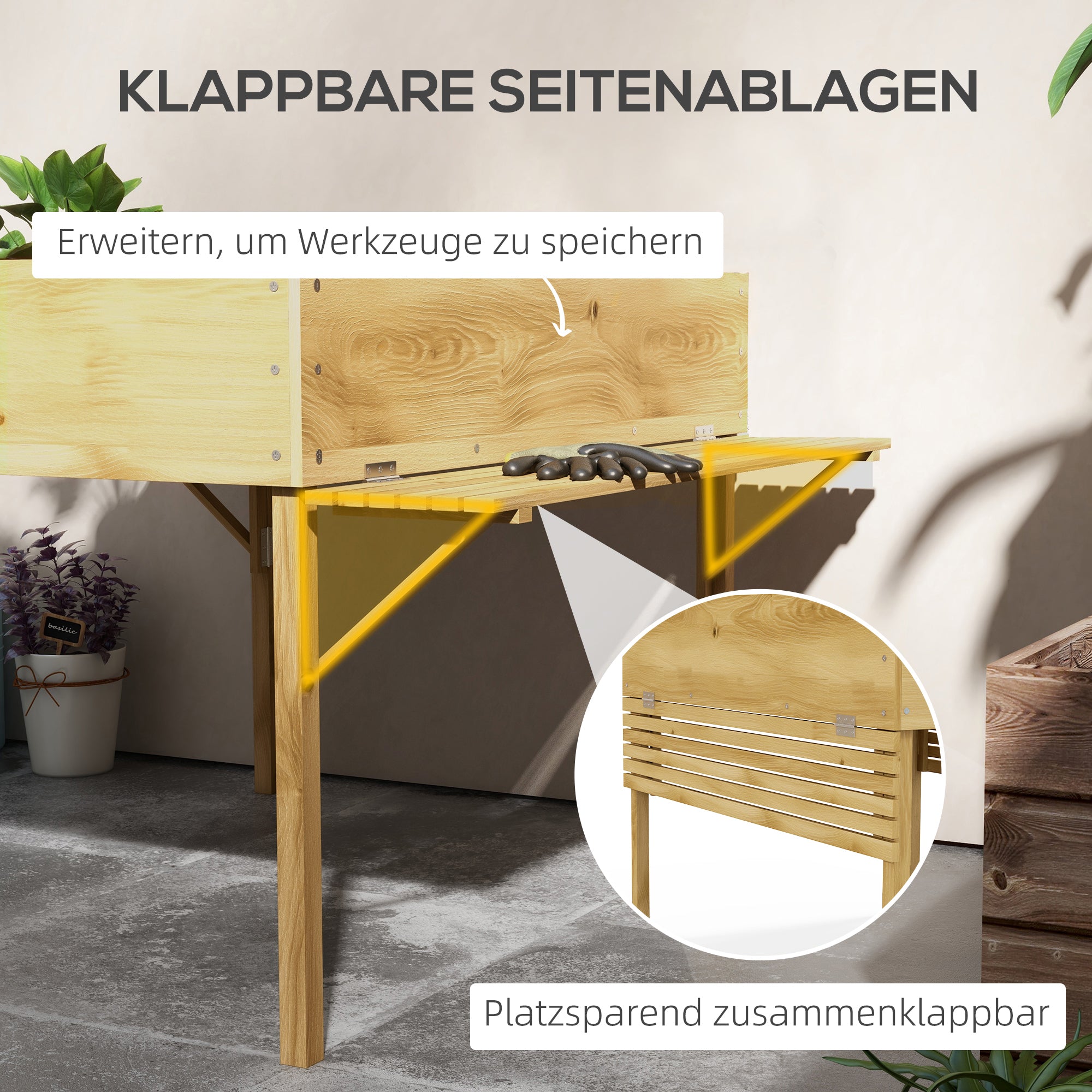 Outsunny Hochbeet mit 12 Trenngittern, klappbare Seitenregale, wetterfest, Tannenholz, 122 x 91,5 x 89 cm