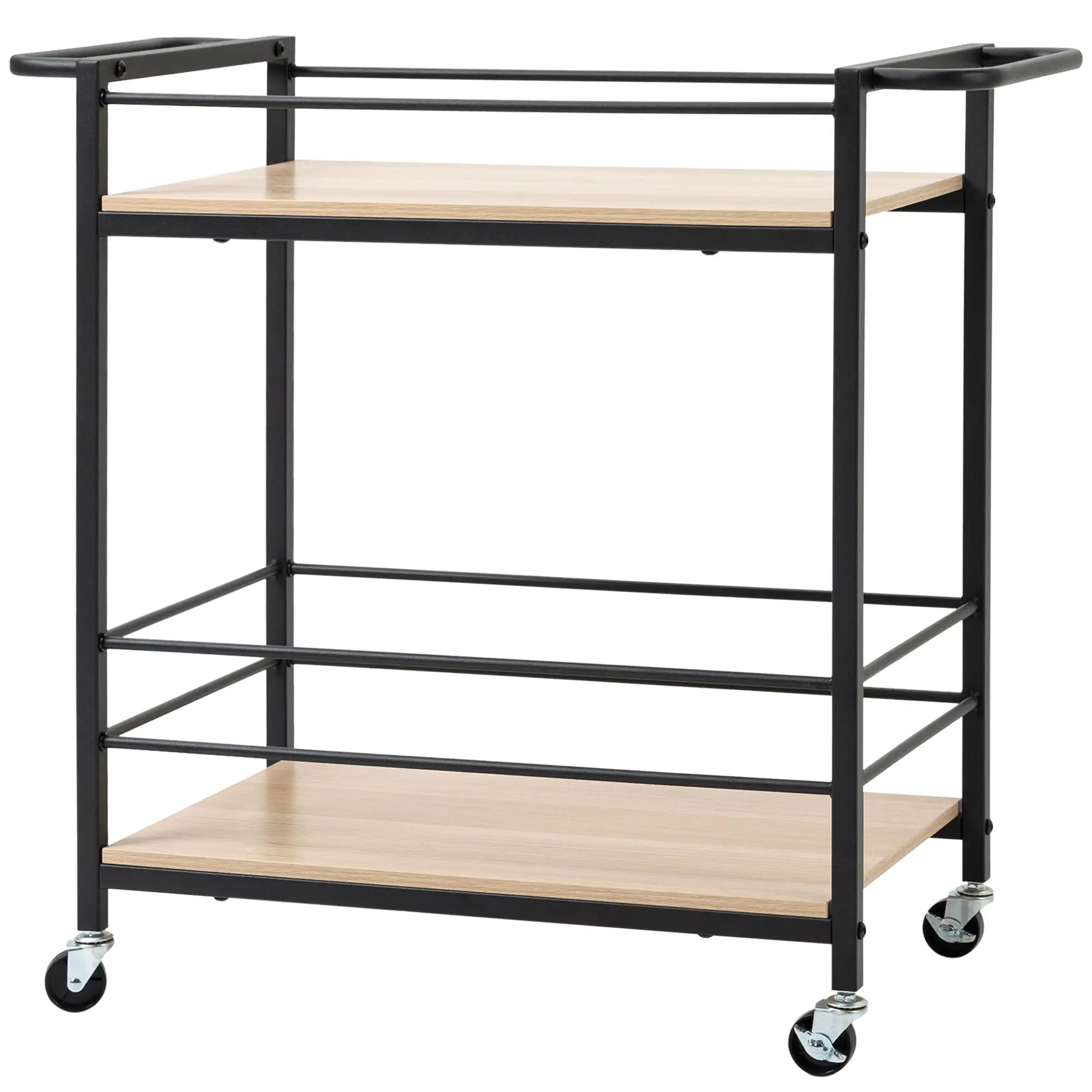 HOMCOM Küchenwagen Servierwagen mit 2 Ablagen, Reling, Stahl, Schwarz+Holz 82 x 40 x 75cm