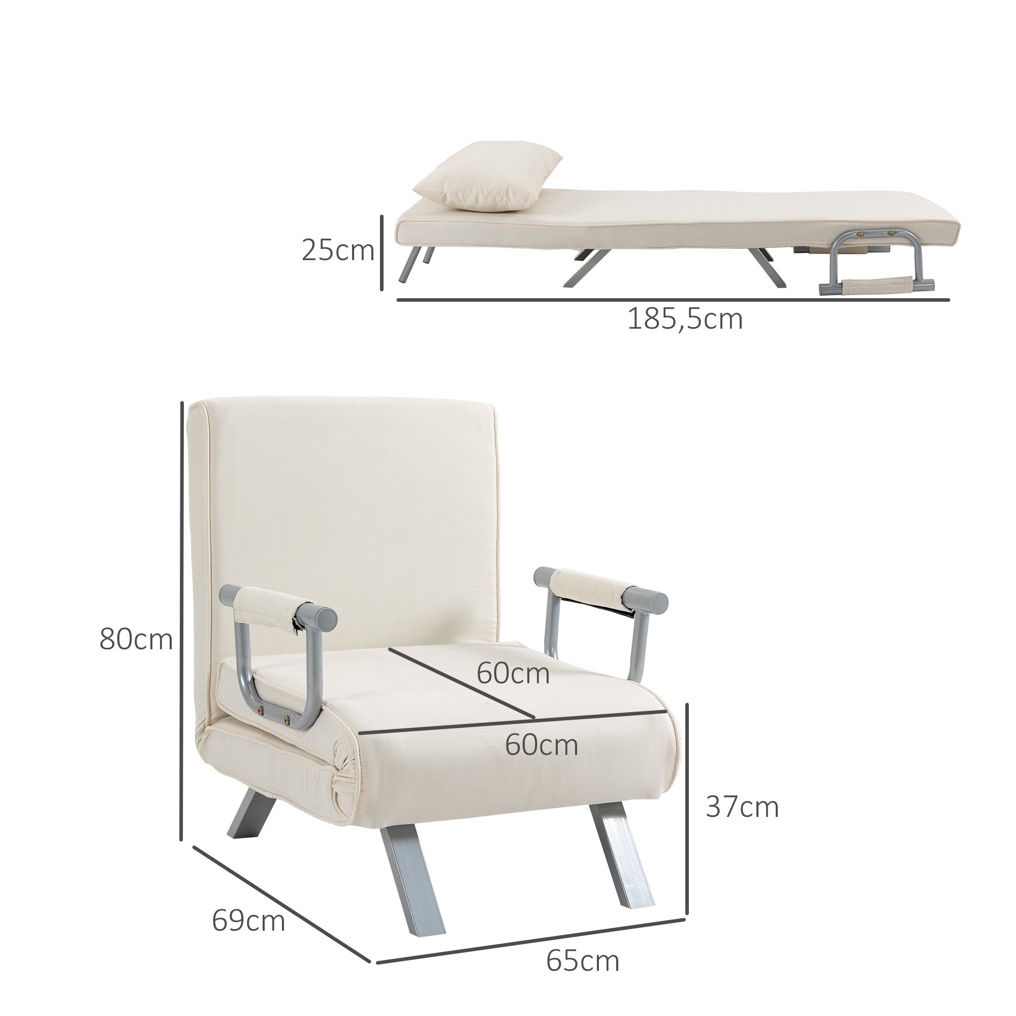 HOMCOM Relaxsessel Liegesessel Sessel, Liegefunktion, Gästebett, 65 cm x 69 cm x 80 cm, Cremeweiß