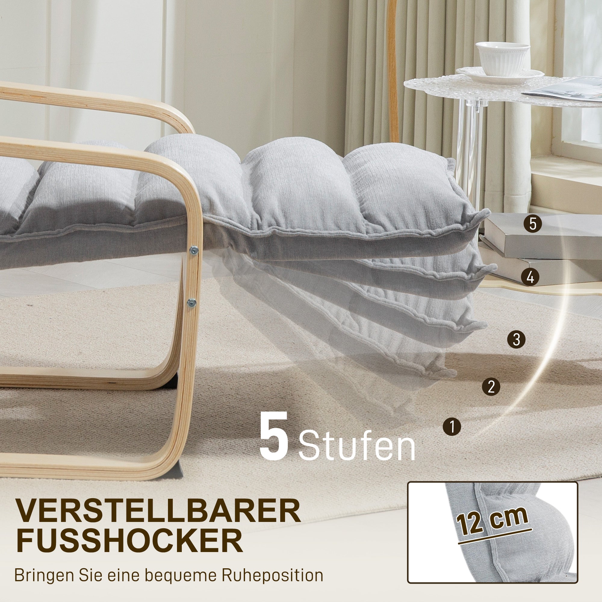 HOMCOM Lounge-Sessel aus Birkenholz, Polstersessel mit verstellbarer Fußstütze, Moderner Armlehnstuhl, Hellgrau