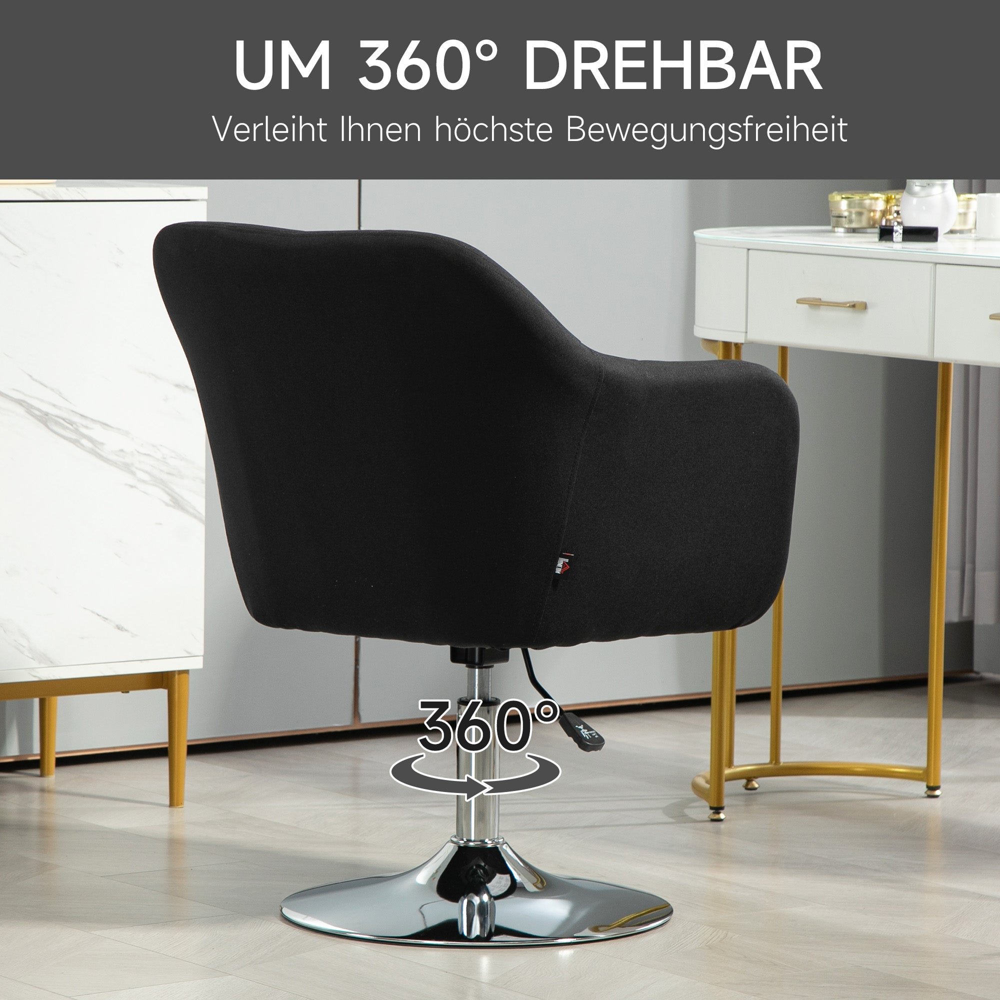 HOMCOM Drehstuhl, höhenverstellbarer Bürostuhl, leinenartiges Polyester, Metall, 60 x 60 x 79-91 cm, Schwarz