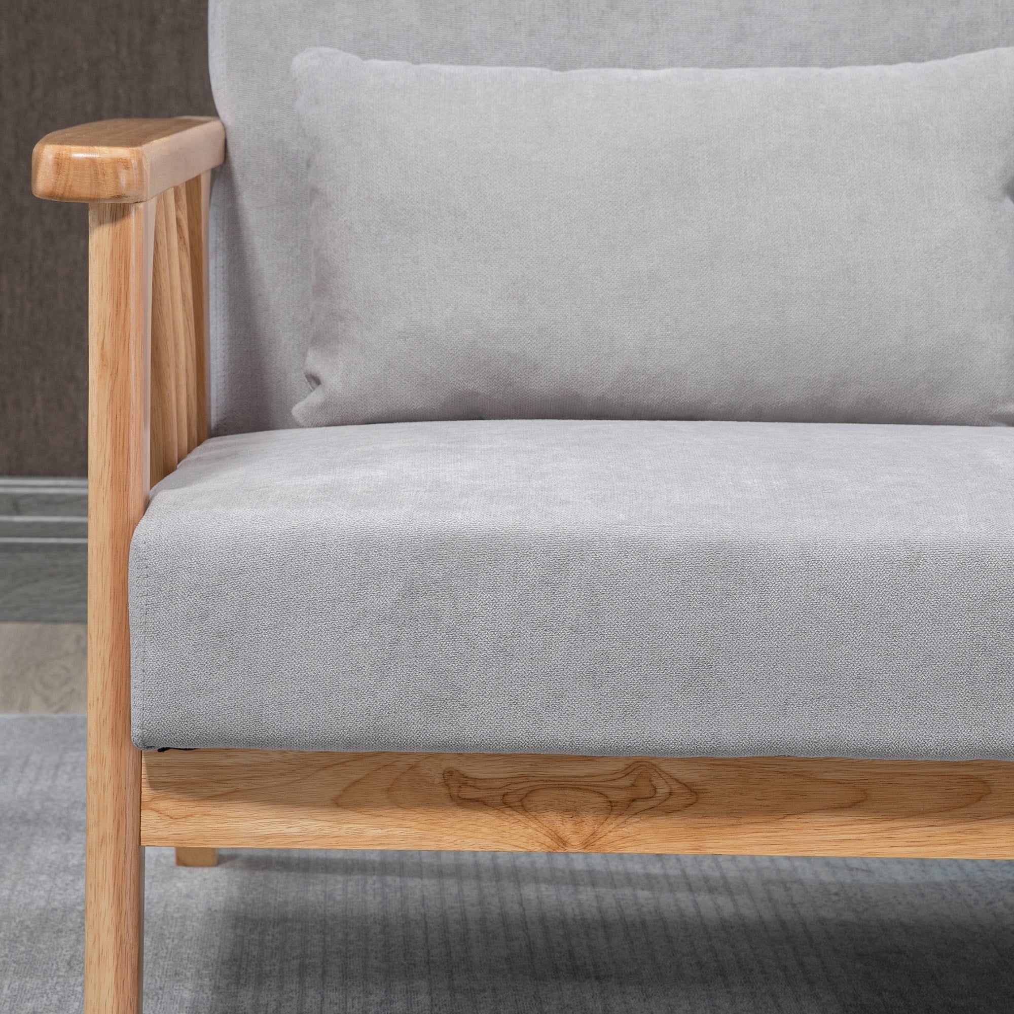 HOMCOM Sofa Relaxsofa 2-Sitzersofa, inkl. 2 Kissen, Samtoptik, Kautschukholz, 130 cm x 75 cm x 78 cm, Grau + Natur