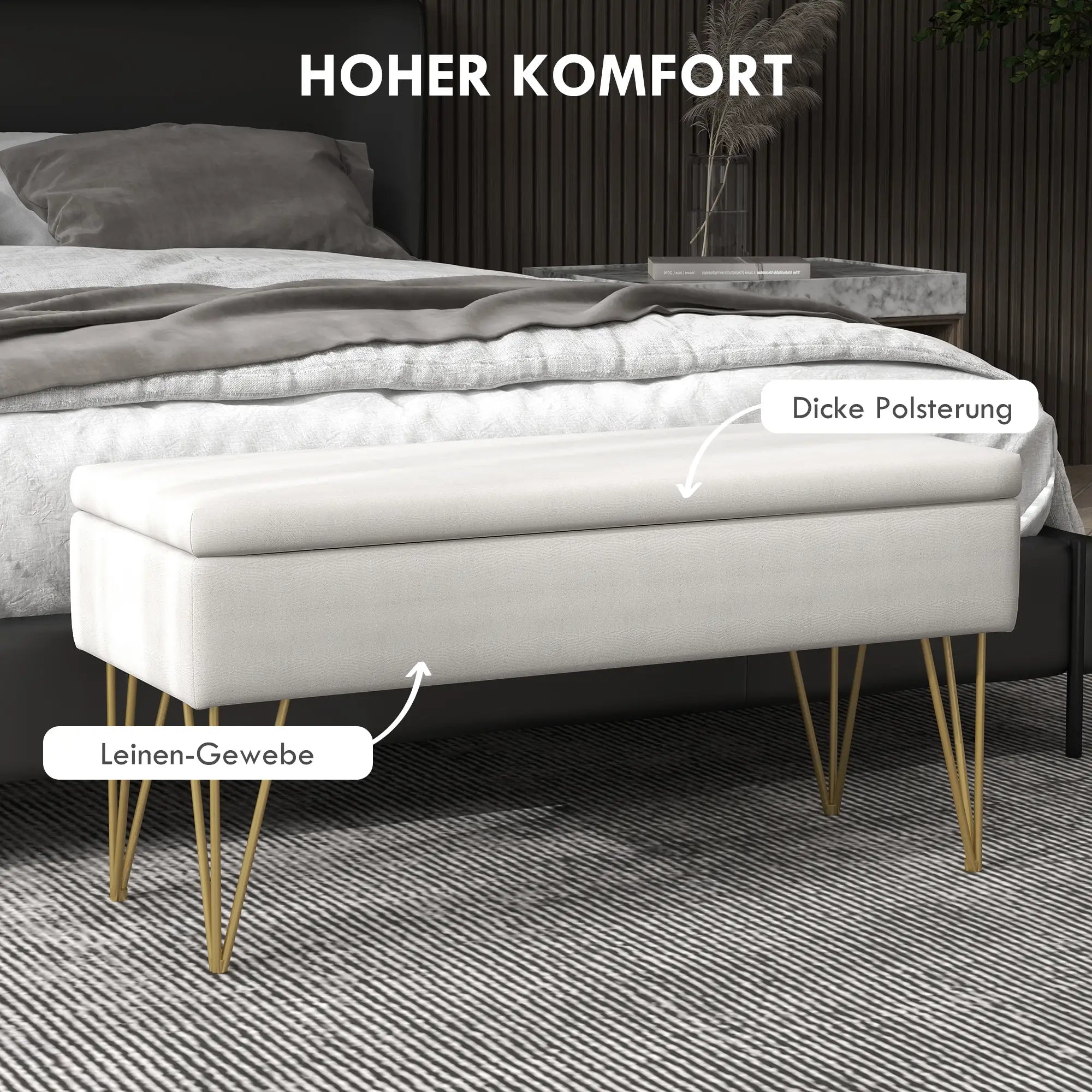 HOMCOM Bettbank mit Stauraum, dicke Polsterung, atmungsaktiver Stoff, Stahlfüße, 100x40x49 cm, Creme
