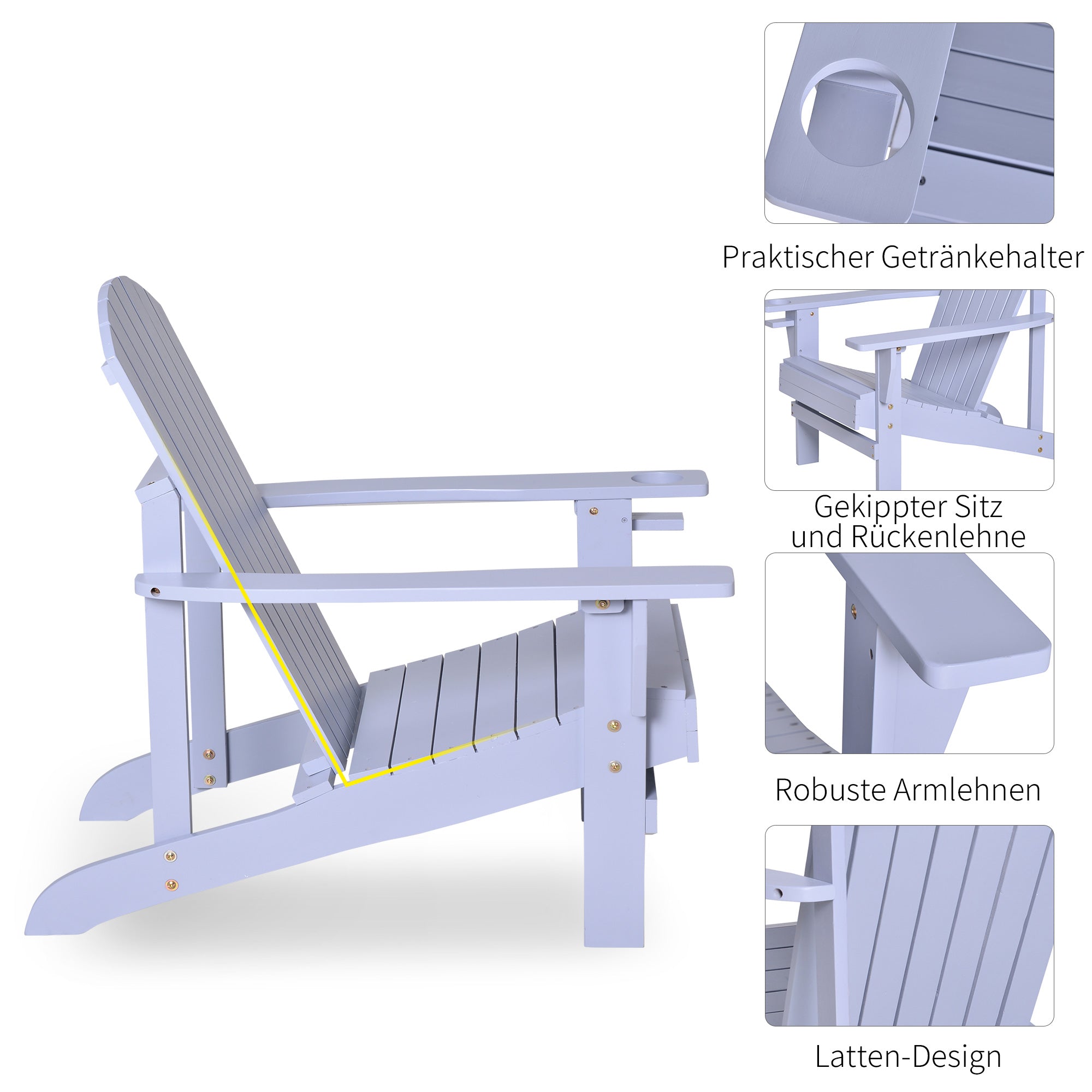Outsunny Adirondack-Gartenstuhl mit Becherhalter Gartenliege Balkonstuhl Massivholz Grau 72,5 x 97 x 93 cm