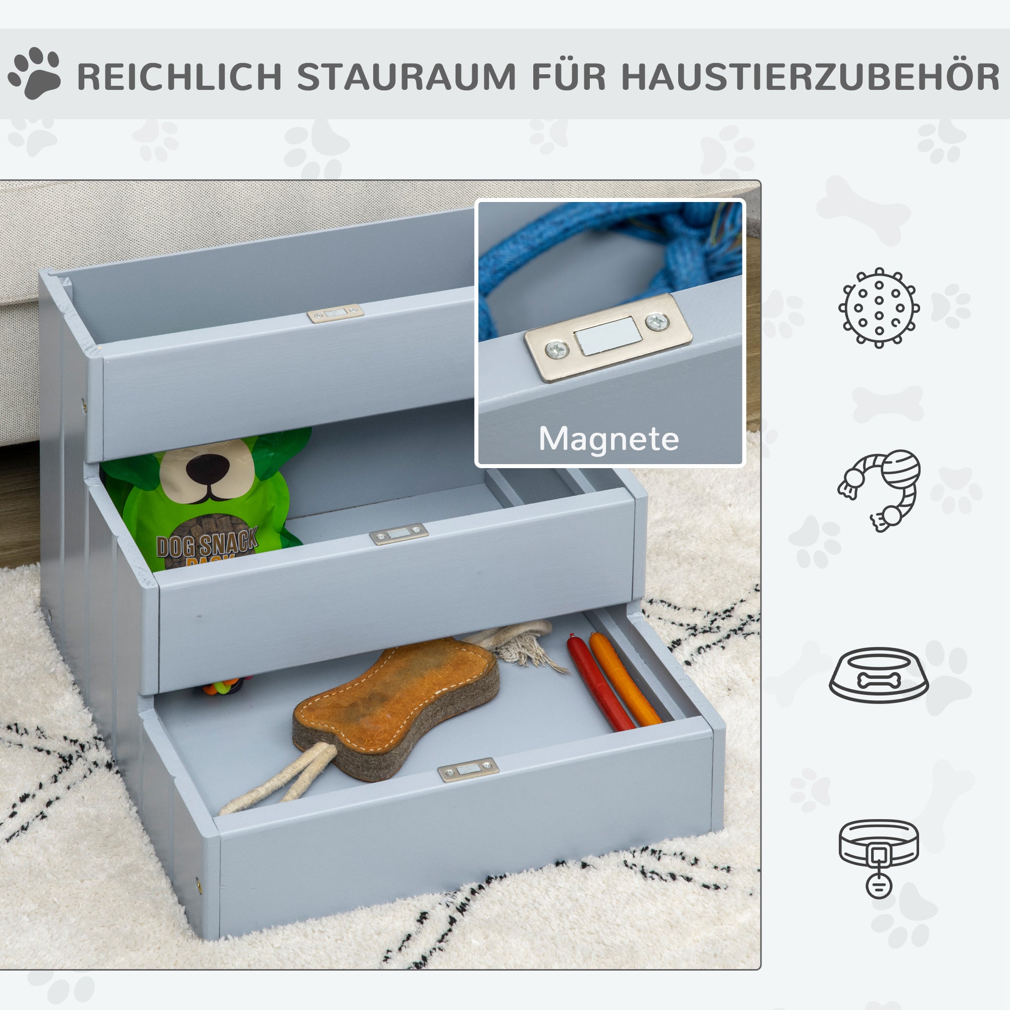 PawHut Hundetreppe 3 Stufen Katzentreppe Haustiertreppe Hundetreppe für Hunde und Katzen Tiertreppe Einstiegshilfe mit Teppich Stauraum für Sofa Bett Tannenholz Grau 40,5 x 44,5 x 38 cm