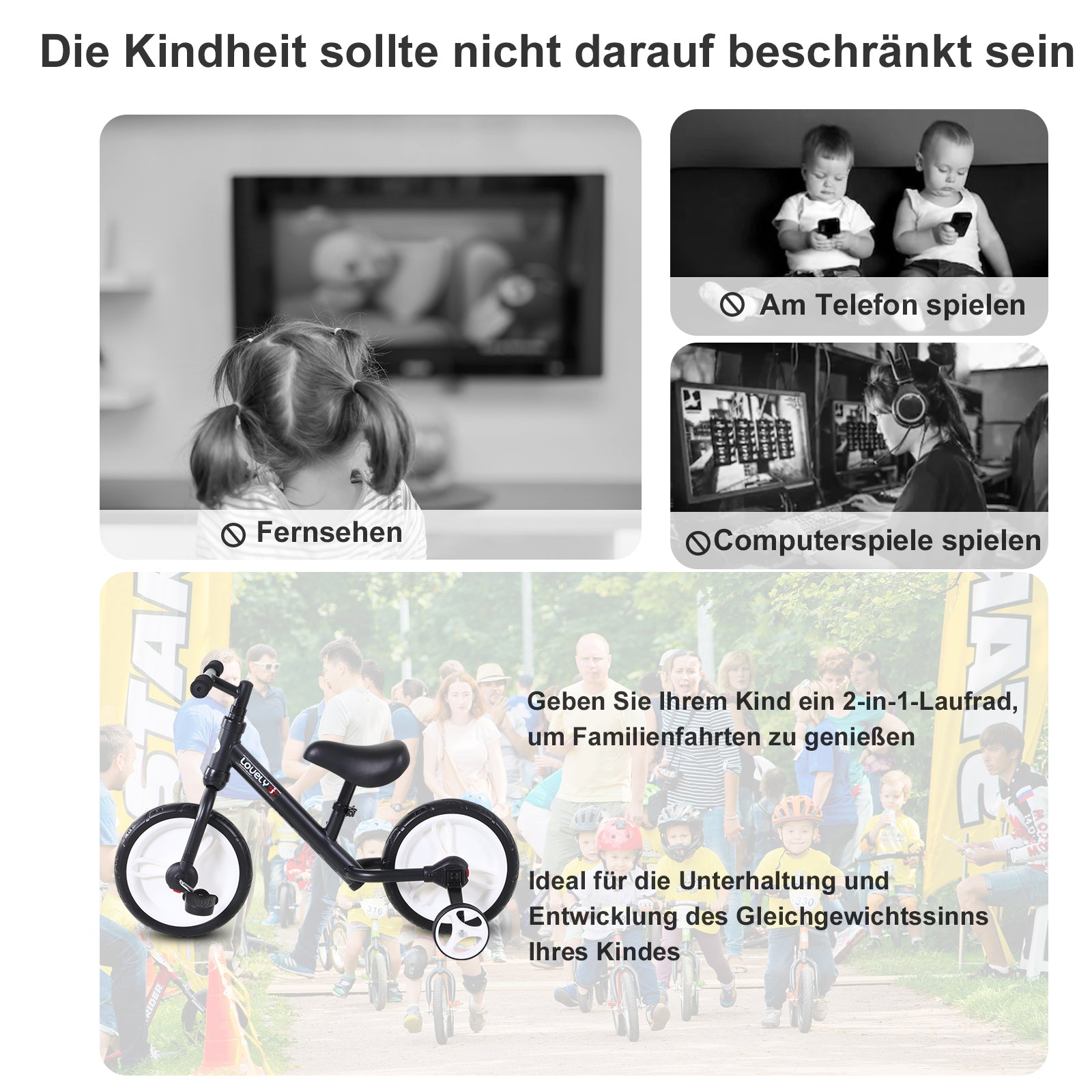 HOMCOM Kinder Laufrad, Lauflernrad, Kinderfahrrad, 2-in-1, Kinderrad mit Stützrädern und Pedalen, 2-5 Jahre, Sitzhöhenverstellbar, PP, Schwarz, 85 x B36 x H54 cm