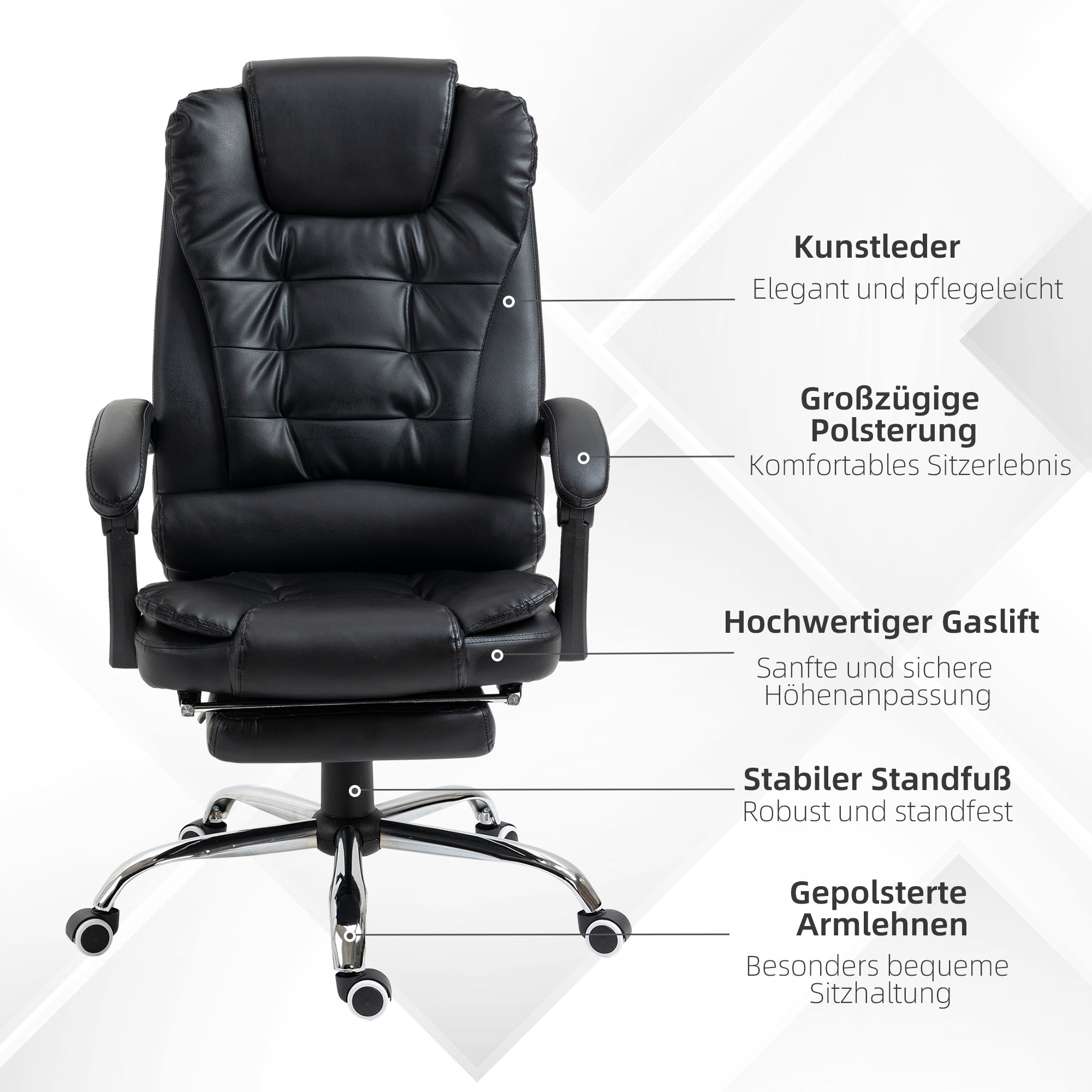 HOMCOM Bürostuhl mit Fußstütze, Schreibtischstuhl, verstellbare Rückenlehne, höhenverstellbar, Schwarz