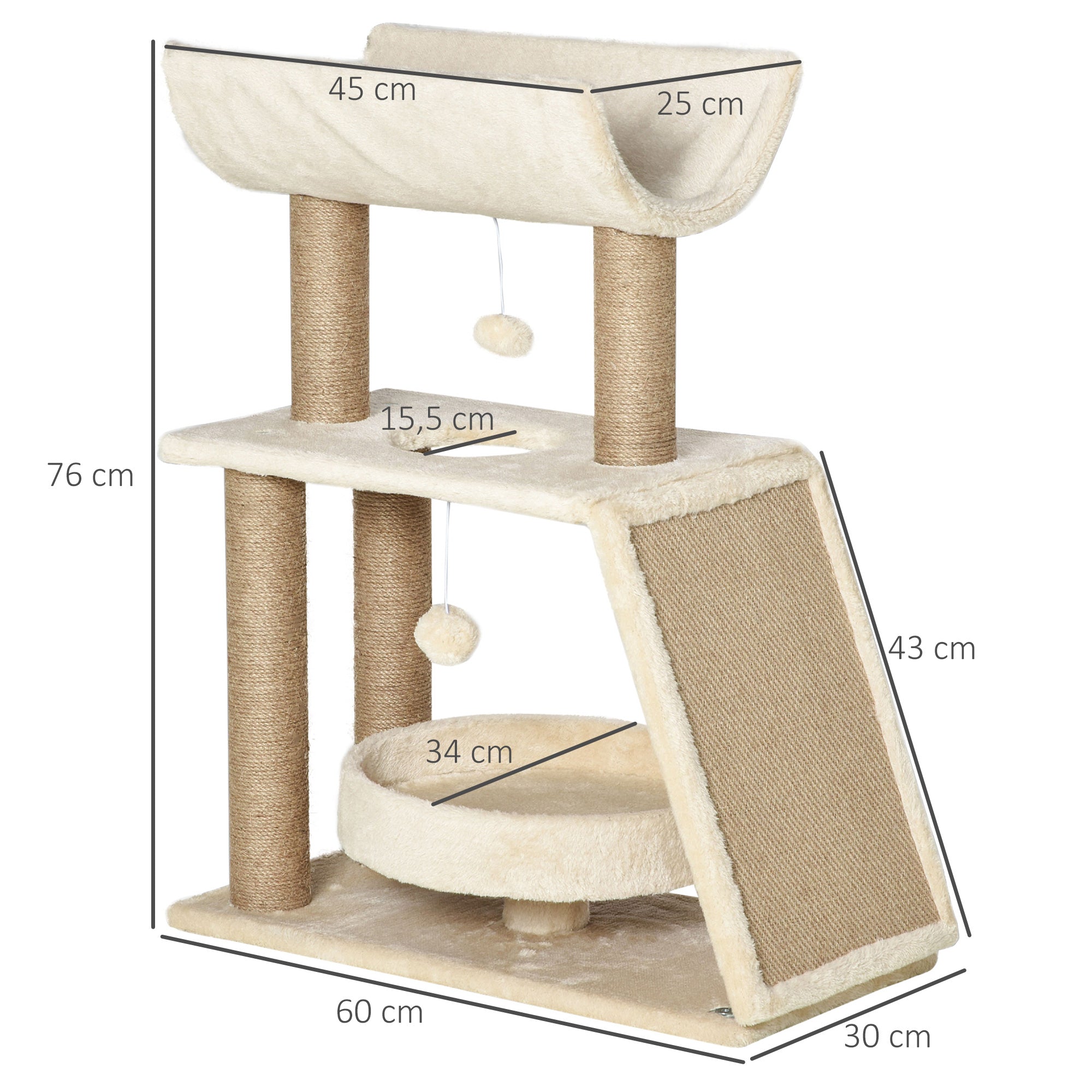 PawHut Kratzbaum Katzenbaum, inkl. Spielzeug und Katzenbett, 60 cm x 30 cm x 76 cm, Creme + Natur