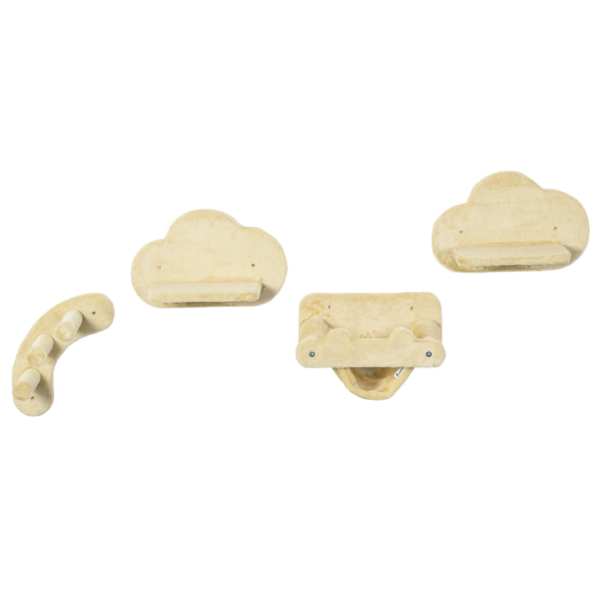 PawHut Katzentreppe, 4-teiliges Set, 3-stufige Sprossenleiter, 2 Plattformen, Hängematte, Plüschbezug, beige