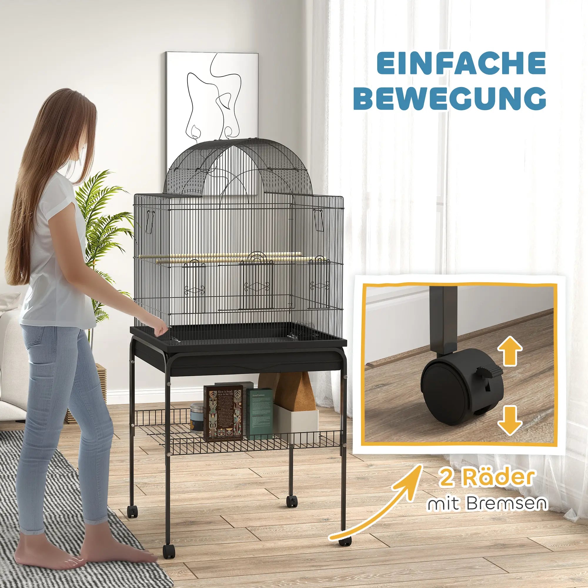 PawHut Vogelkäfig für Kanarienvögel & Wellensittiche, mobil, mit Bodenfach, Metallgitter, Schwarz