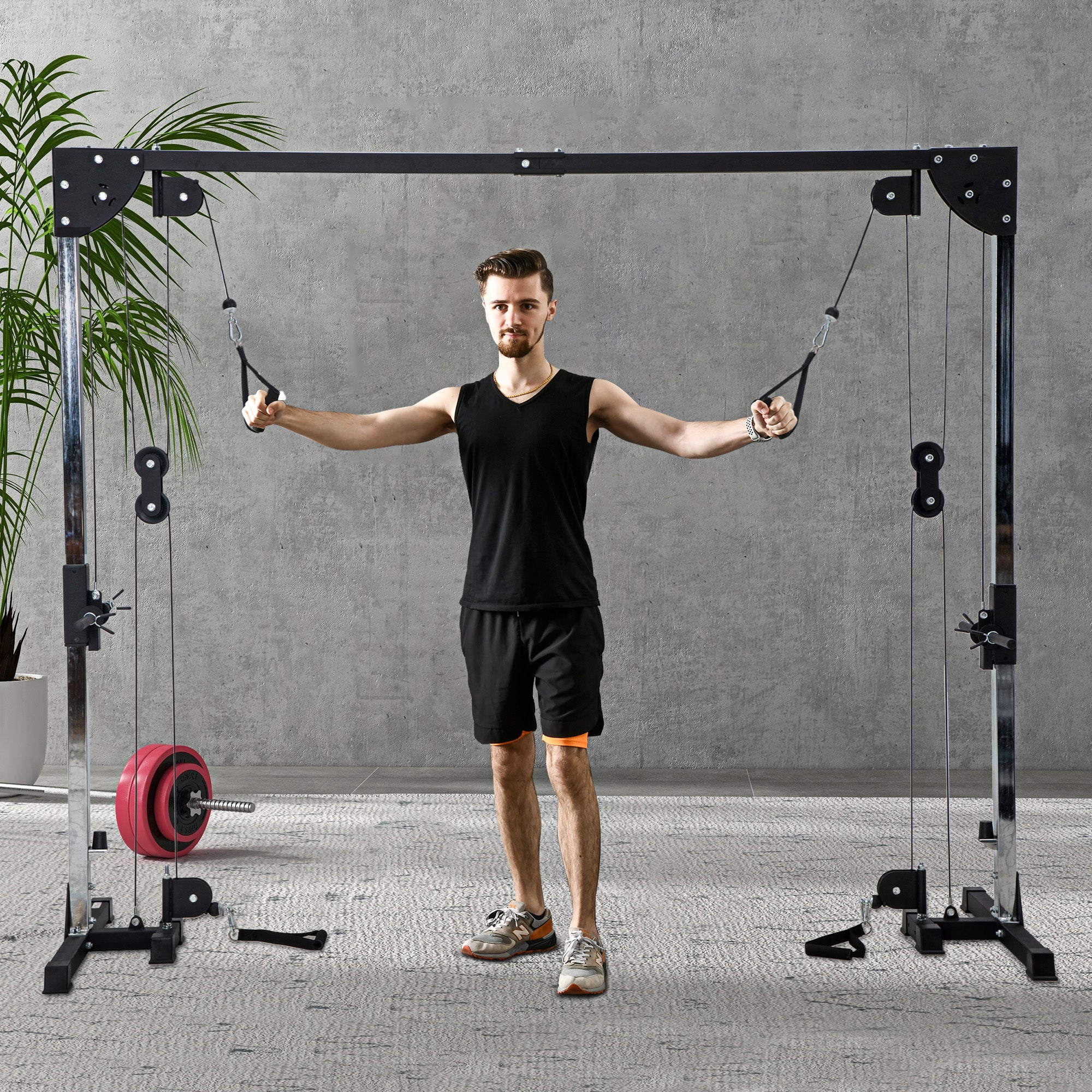 SPORTNOW Crossover-Fitnessgestell, Kabelzugsystem, für 1 oder 2 Personen, Stahl, Kunststoff, Schwarz